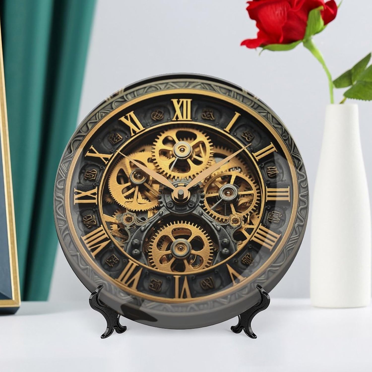 Bone China Decorative Plates Clock Gear Ceramic Decorative Plate Wall Decor with Display Stand Ceramic Ornaments for Wall Hanging Decoration