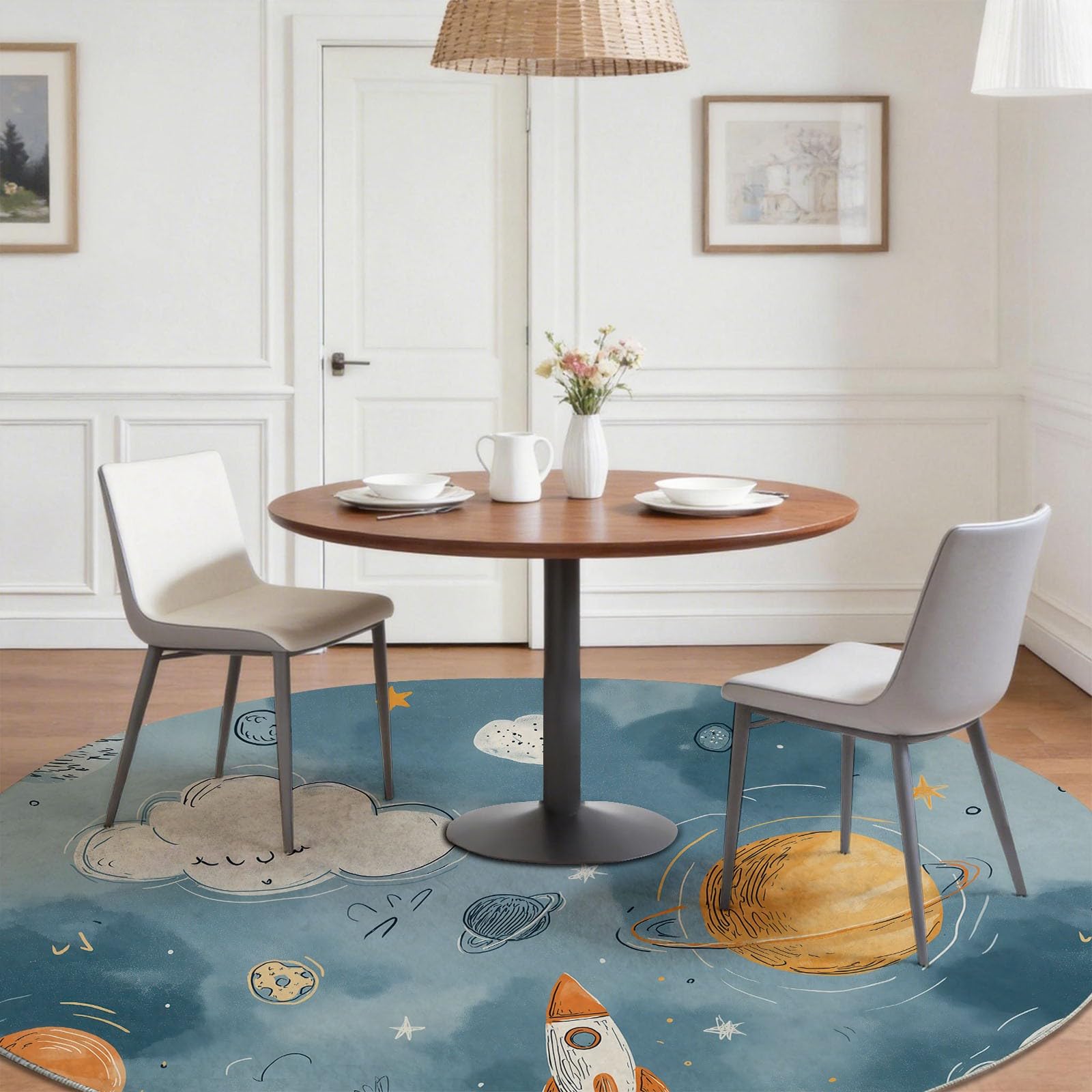 Rakete Planeten Runder Teppich rutschfest 150 cm für Esszimmer & Flur, Blau für Esszimmer & Flur, Cartoon Spaß Weltall Weicher Kurzflor Teppich Waschbar Pflegeleicht
