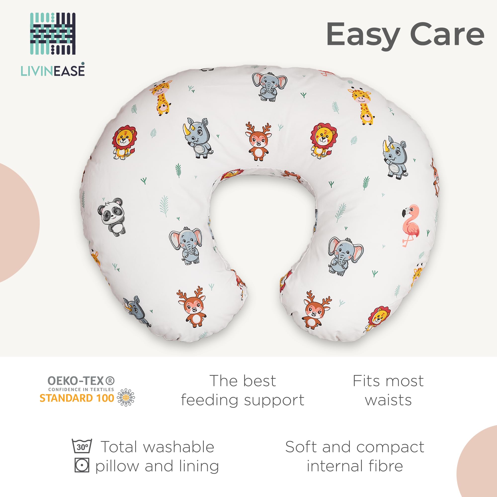 LivinEase Coussin d'allaitement pour allaitement et biberon – 100% coton certifié OEKO-TEX Coussin d'alimentation pour bébé housse lavable – Parfait pour le temps sur le ventre (Jungle)