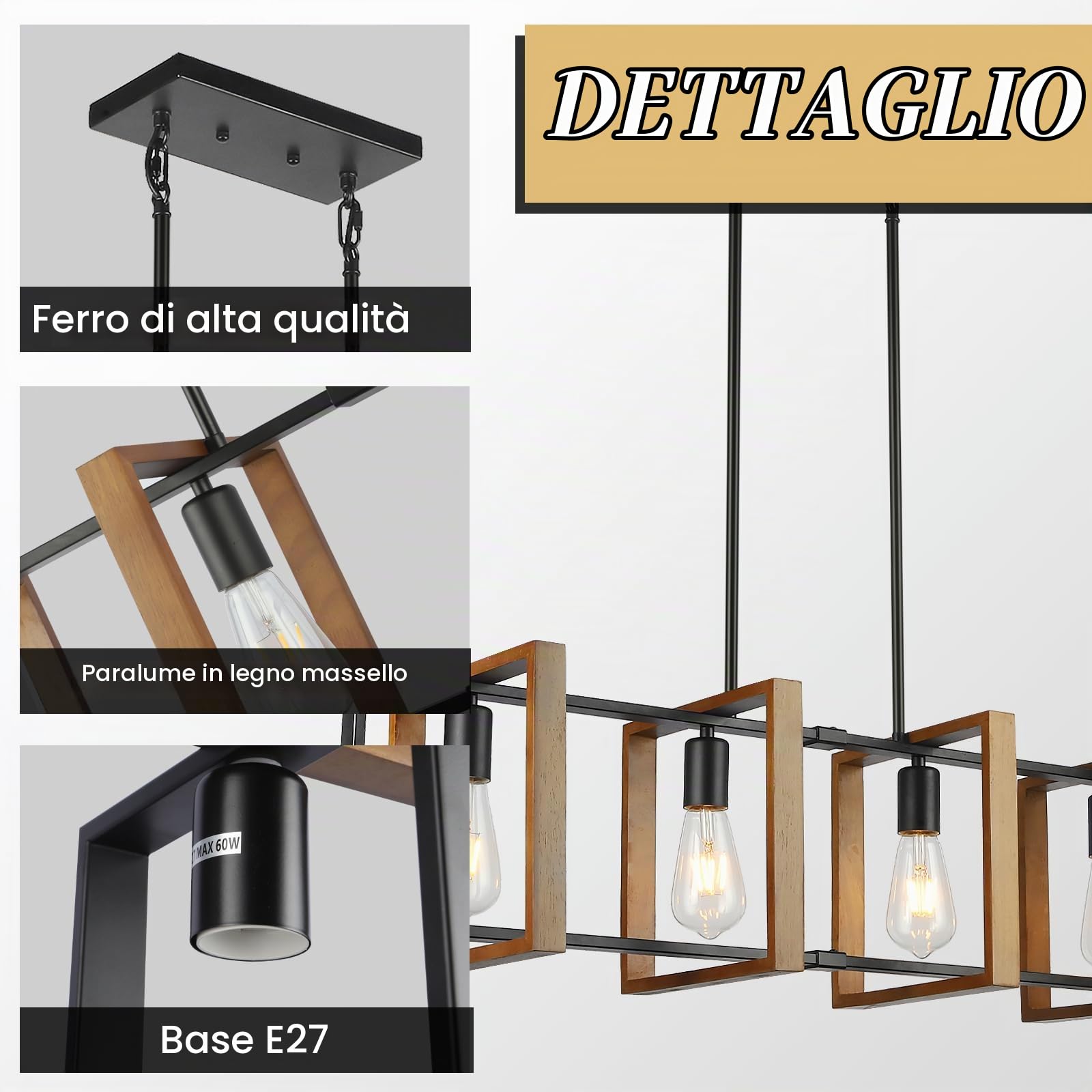 Illuminazione dell'isola della cucina della luce nera, legno e metallo lampade da tavolo da biliardo Lampadari Lampada da soffitto, altezza regolabile delle luci della camera da letto soffitto