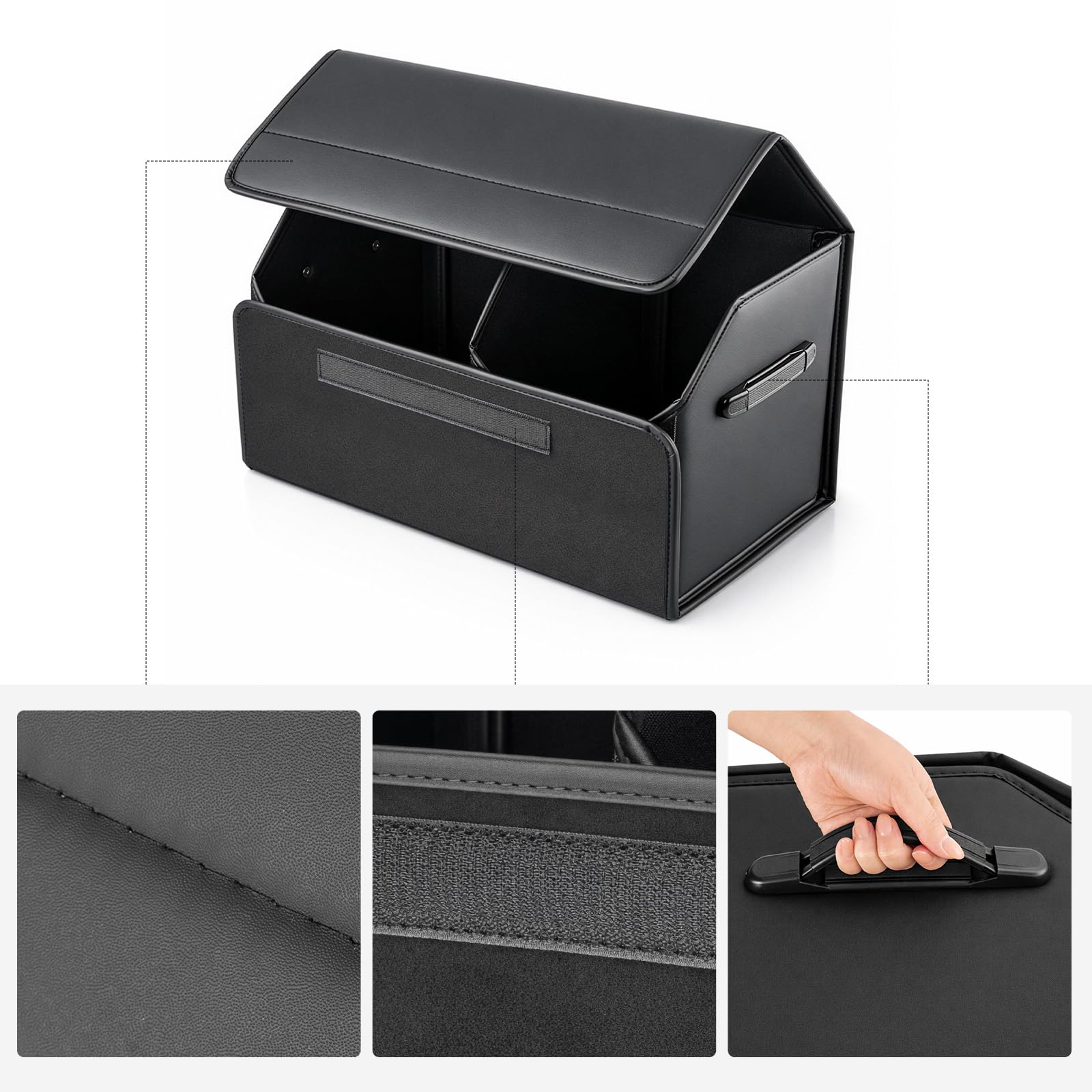 Auto Kofferraum Organizer faltbar mit Deckel wasserabweisende Aufbewahrungsbox aus Kunstleder verschleißfest mit Griffen für SUV Limousine Camping Einkauf Haushalt (M: 54 x 29.5 x 34 cm)