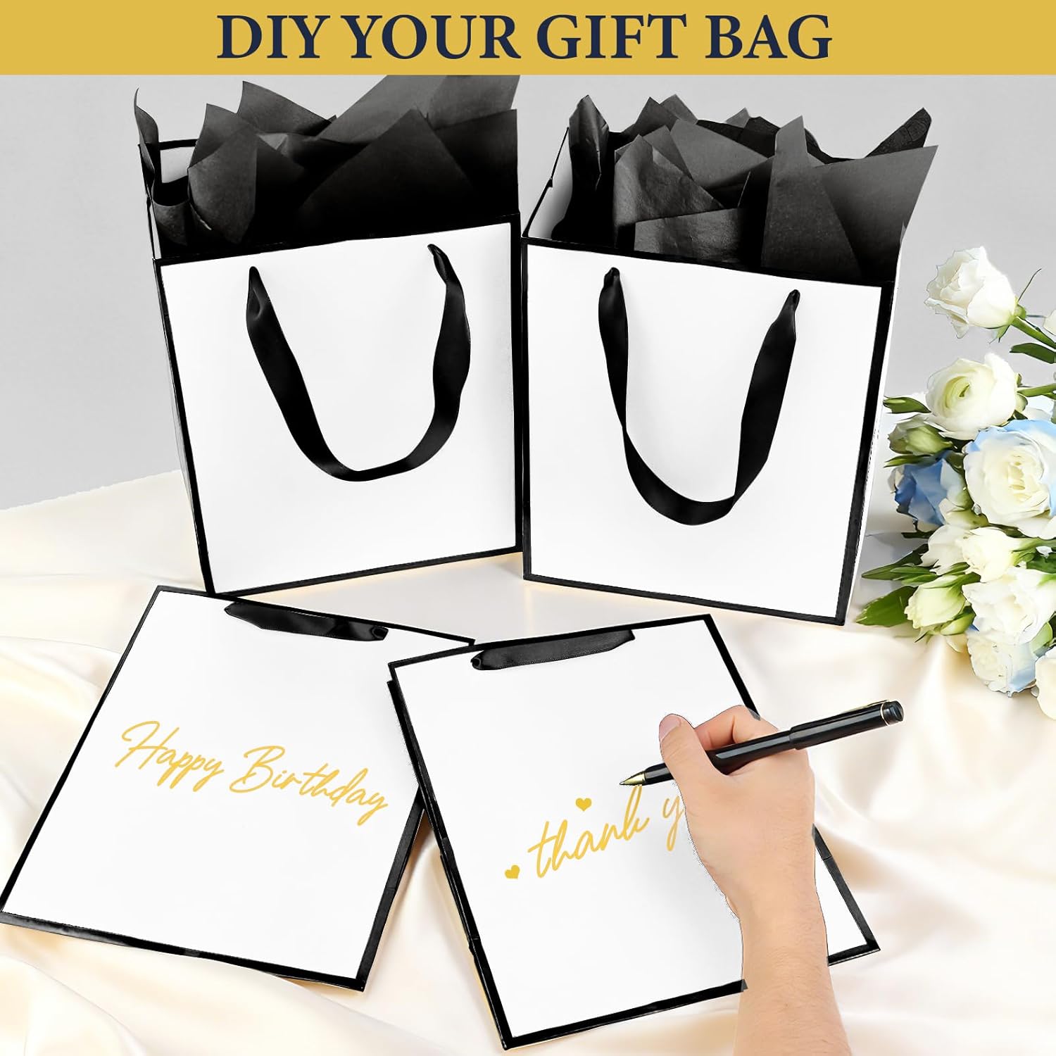 Addblu 28 Pack Bulk Luxury Gift Bags with Handles, Medium Size 9x7x3.15 Inches - Includes 28 Tissue Papers for Wedding, Birthday, Baby Shower, Thanksgiving, Christmas, & Party Favors (White with black border) - Image 5