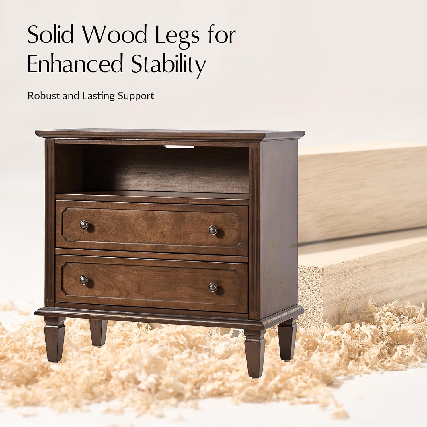 HULALA HOME Farmhouse End Table with Charging Station Set of 2, End Table with USB Ports & Outlets, Fluted Pilasters Design Side Table with Open Space and 2 Drawers Dresser for Living Room, Walnut