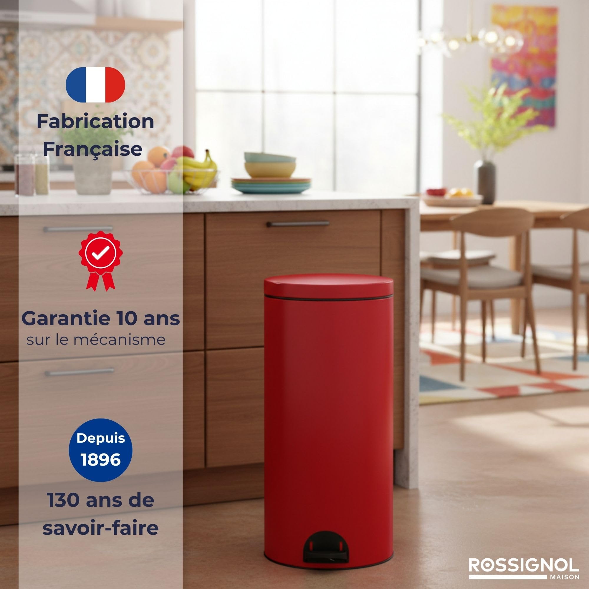 ROSSIGNOL Poubelle de cuisine, Poubelle 30L, Poubelle à pédale, Fabrication française, Seau intérieur amovible avec anse, Pratique ELORA