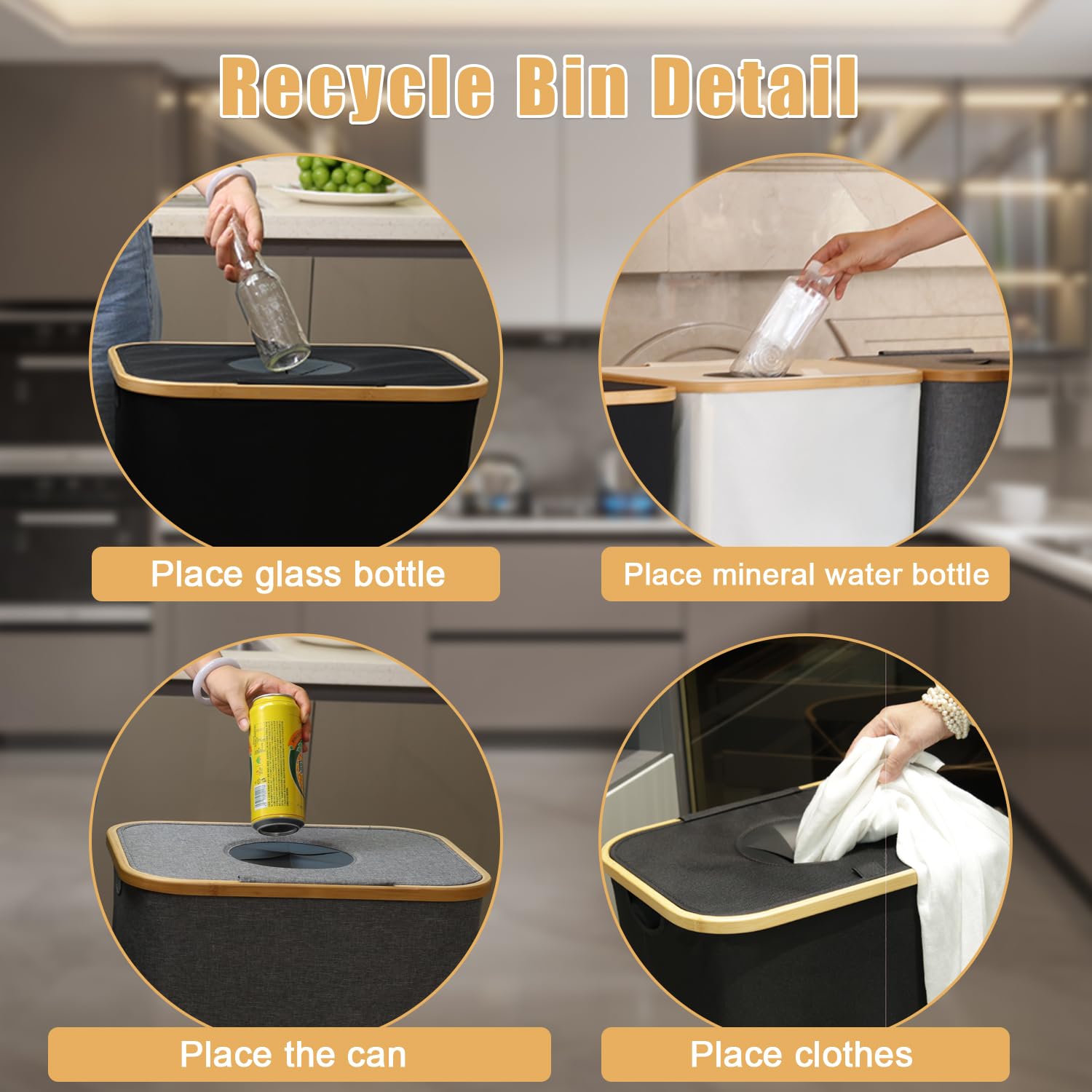 Cubo de reciclaje de cocina de 100 litros con tapa y 1 bolsa interior reutilizable, color gris, ideal para botellas, latas, vidrio, residuos de plástico