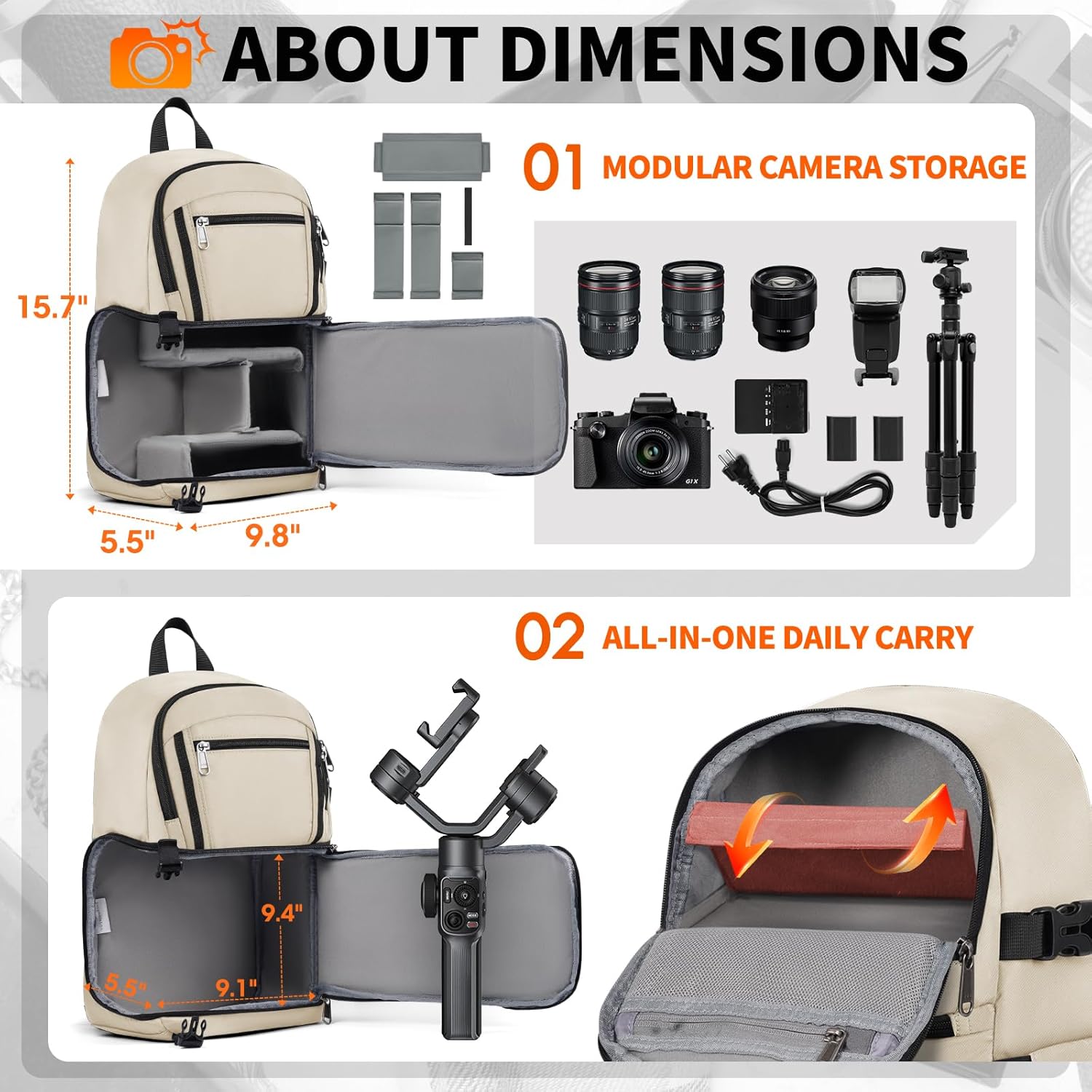 RAINSMORE Camera Bag, DSLR & Mirrorless Camera Sling Bag for Photographers Waterproof Small Camera Crossbody Case with Removable Padded Insert & Tripod Holder for Canon/Nikon/Sony/Fuji, Beige