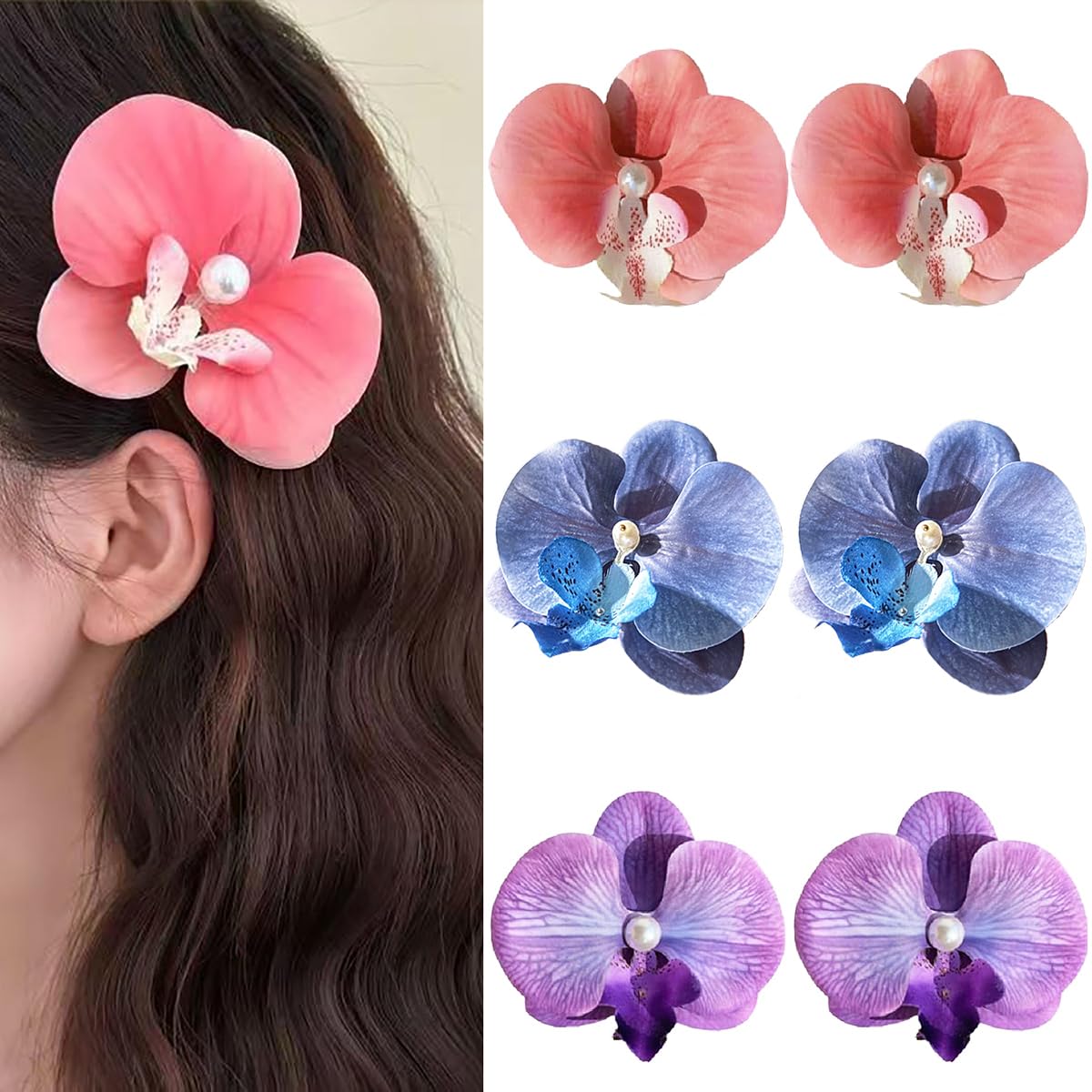 Bohemian Butterfly Orchid Hair Clips, 6 Pcs Fairy Flower Hairpins, Artificial Phalaenopsis Barrettes for Seaside Holiday, Bridal Hair Accessories, for