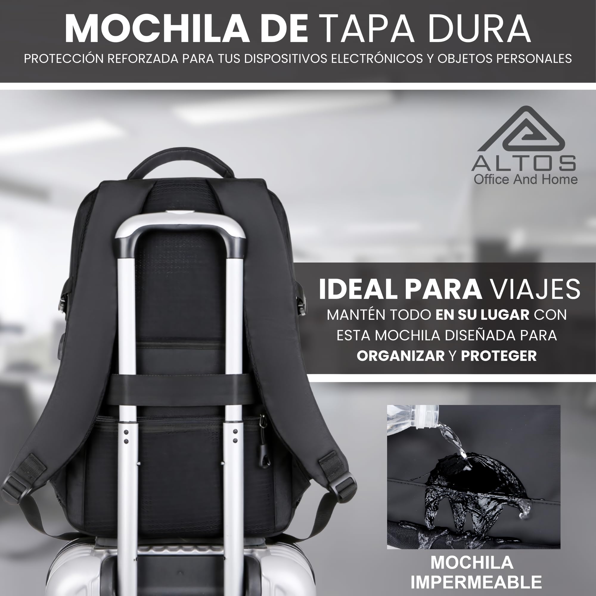 ALTOS OFFICE AND HOME Mochila para Portátil de 15,6 Pulgadas con Conexión USB, Impermeable, Protección contra Robo, para Viajes de Negocios, Estudio y Senderismo, Color Negro