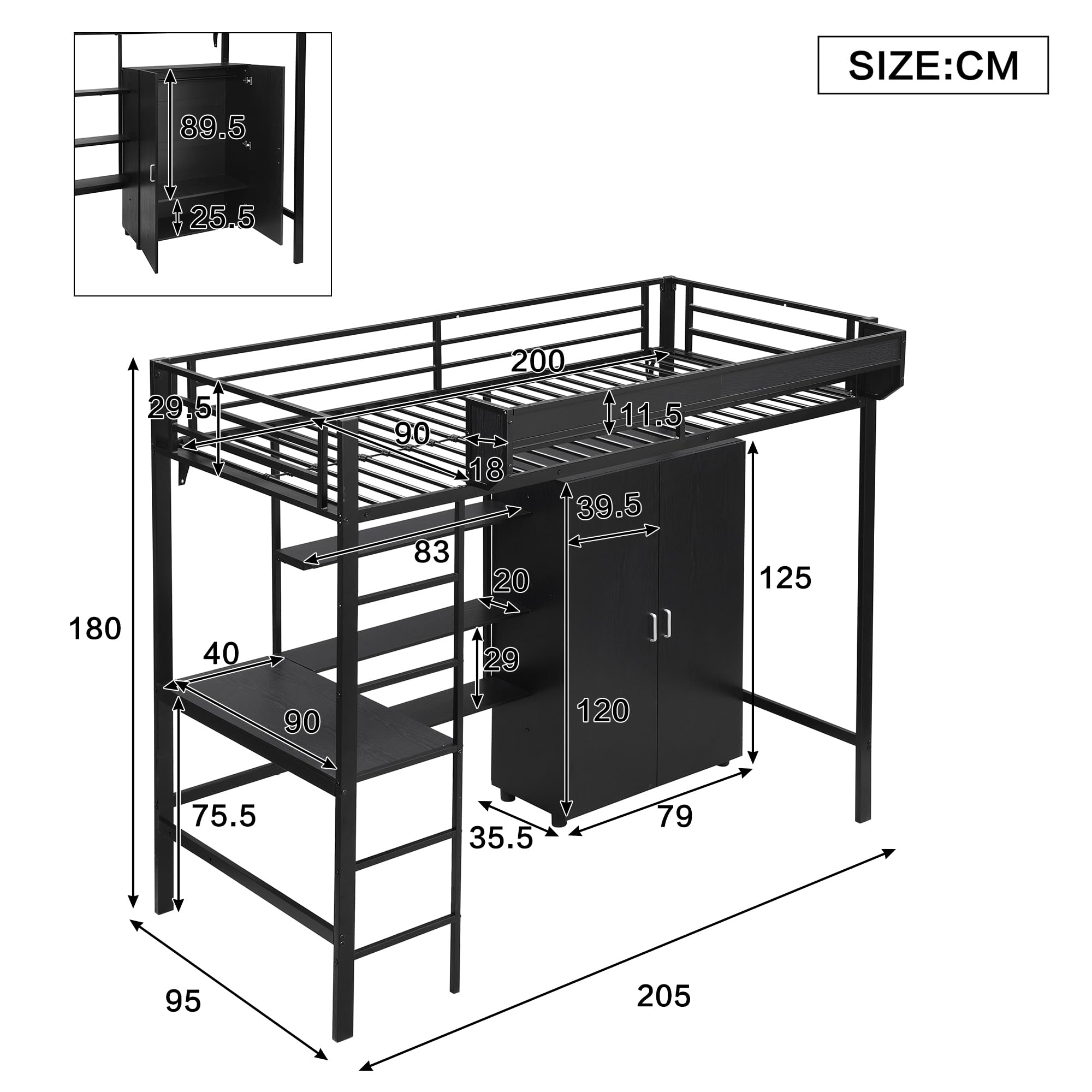 Merax Letto a soppalco 90 x 200 cm con scrivania, armadio e scaffalatura, robusto letto a castello in metallo con rete a doghe e protezione dalle cadute, salvaspazio, letto a castello, letto a