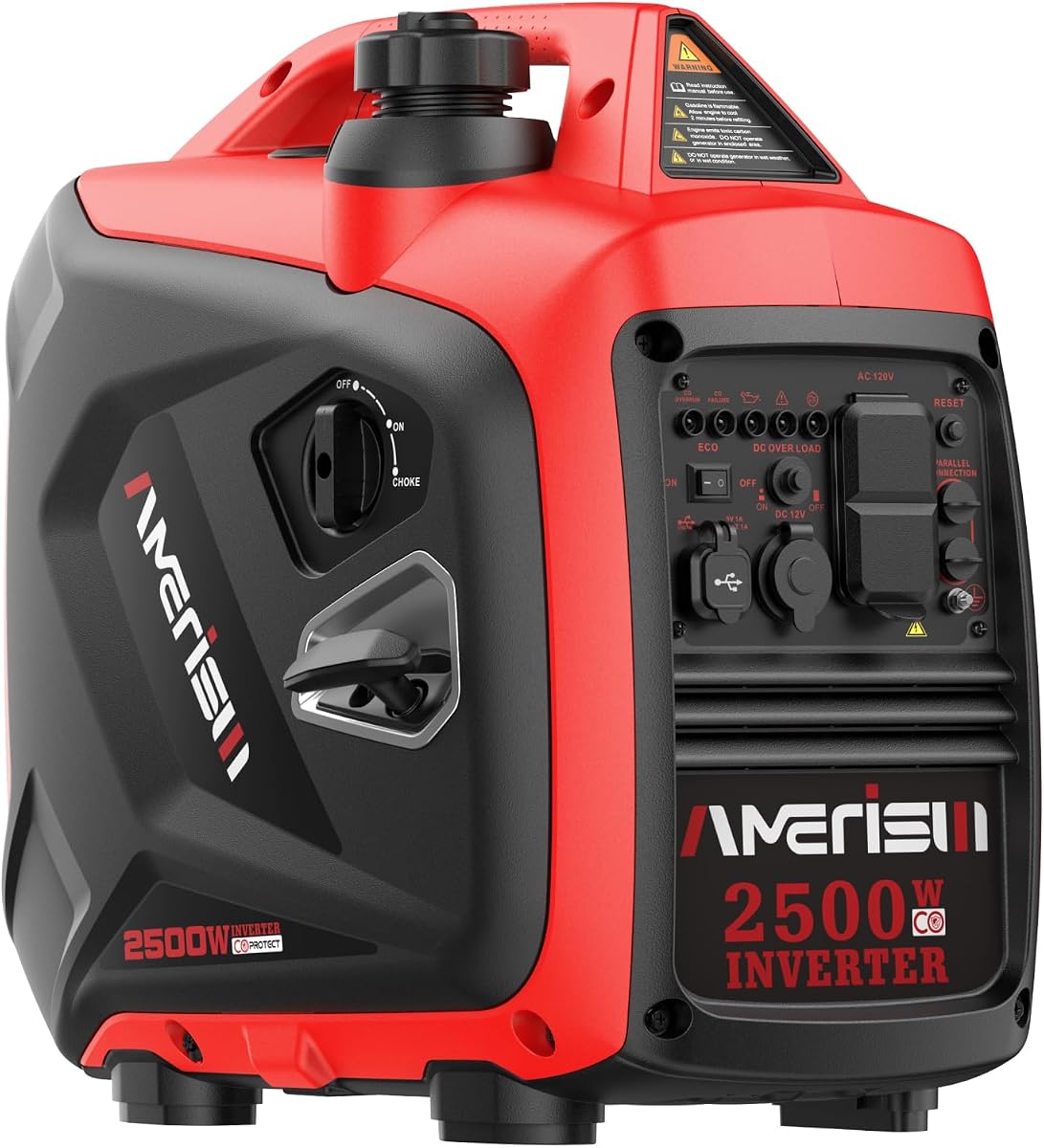 Generador inversor portátil AMERISUN de 2500 W, alimentado por gas con sensor de CO | Hasta 11 horas de funcionamiento, funcionamiento silencioso de 59 dBA, equipado con salidas de CA, CC y USB para necesidades de energía domésticas y exteriores