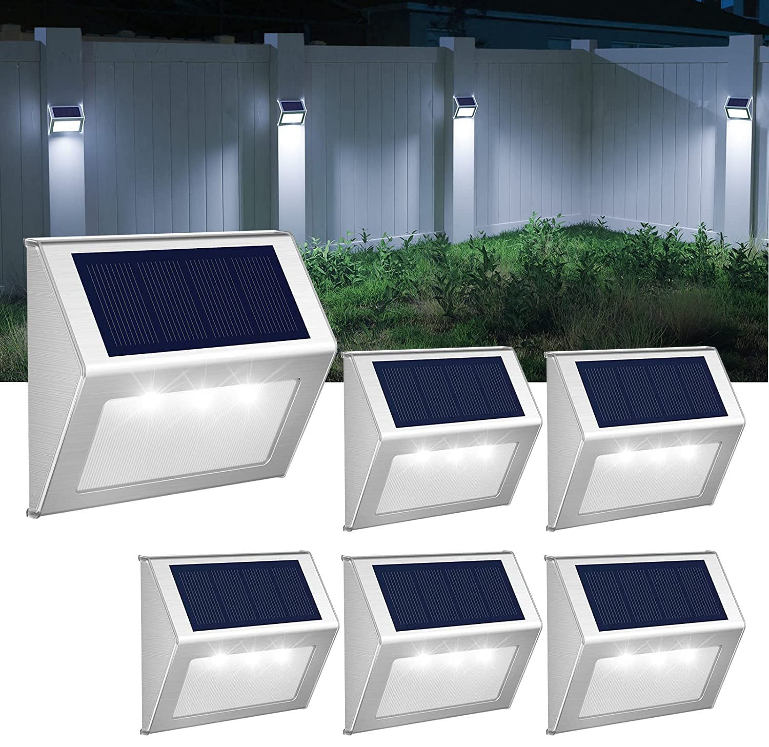 【Cool White】 Solar Fence Lights,Stainless Steel Decorative Lights LED Garden Lights,Waterproof Step Lights Wireless Outdoor Lights for Stair,Wall,Patio,Yard,Path,Fence,6Pack-image-48