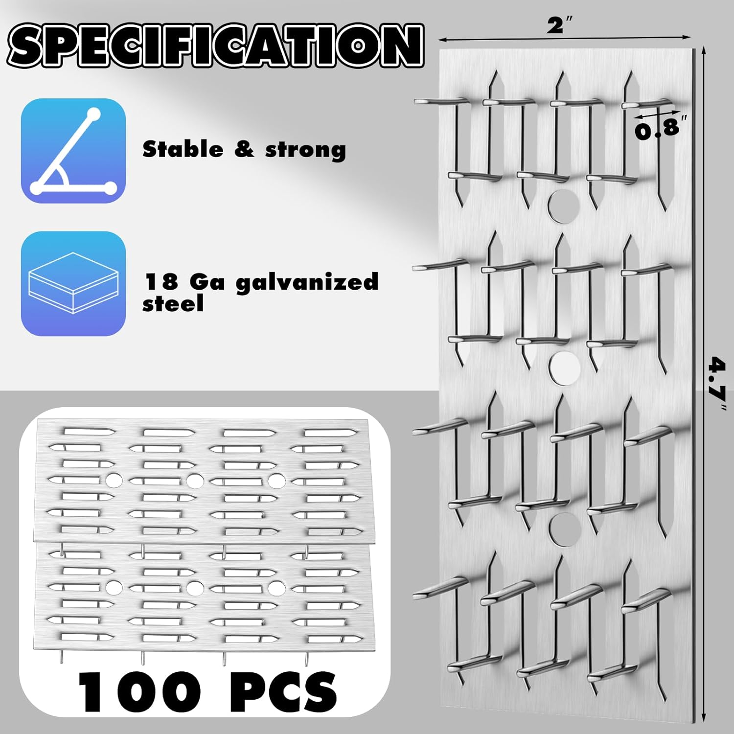 Blulu 100 Pcs Push-on Impaler Wall Mounting Clips Surface Mount Impaler Clips, Acoustic Panels Galvanized Steel Quick Installation for Gypsum Board Plywood Masonry (Silver)