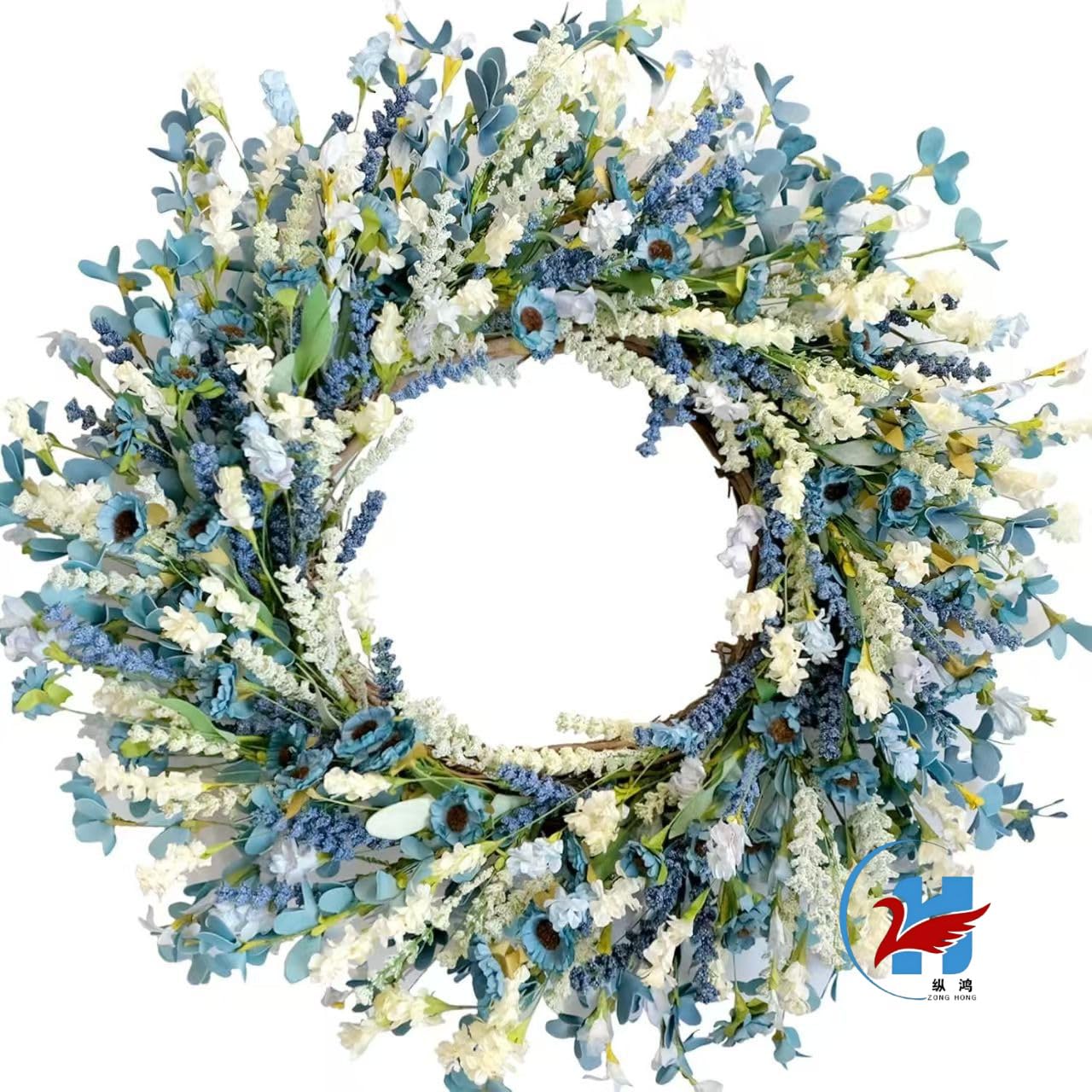 Ghirlanda di fiori artificiali da 15.7 in / 40 cm, ghirlanda floreale mista blu e bianca, verde intenso, decorazione primaverile estiva per porta d'ingresso, da appendere alla parete, composizione