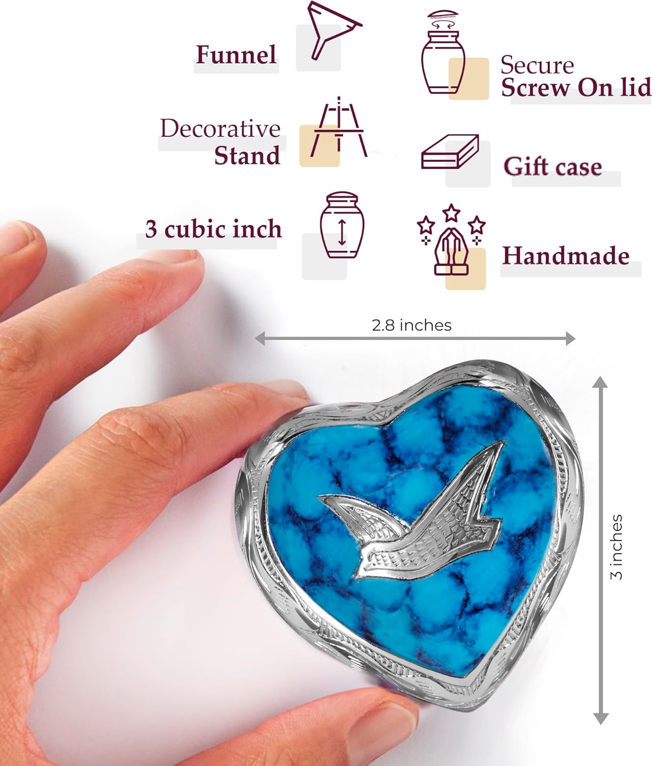 Trupoint Memorials Small Urns for Human Ashes Keepsake, Mini Heart Urn with Stand, Decorative Cremation Urns for Adult Men & Women – Small, Silver Wings - Image 2