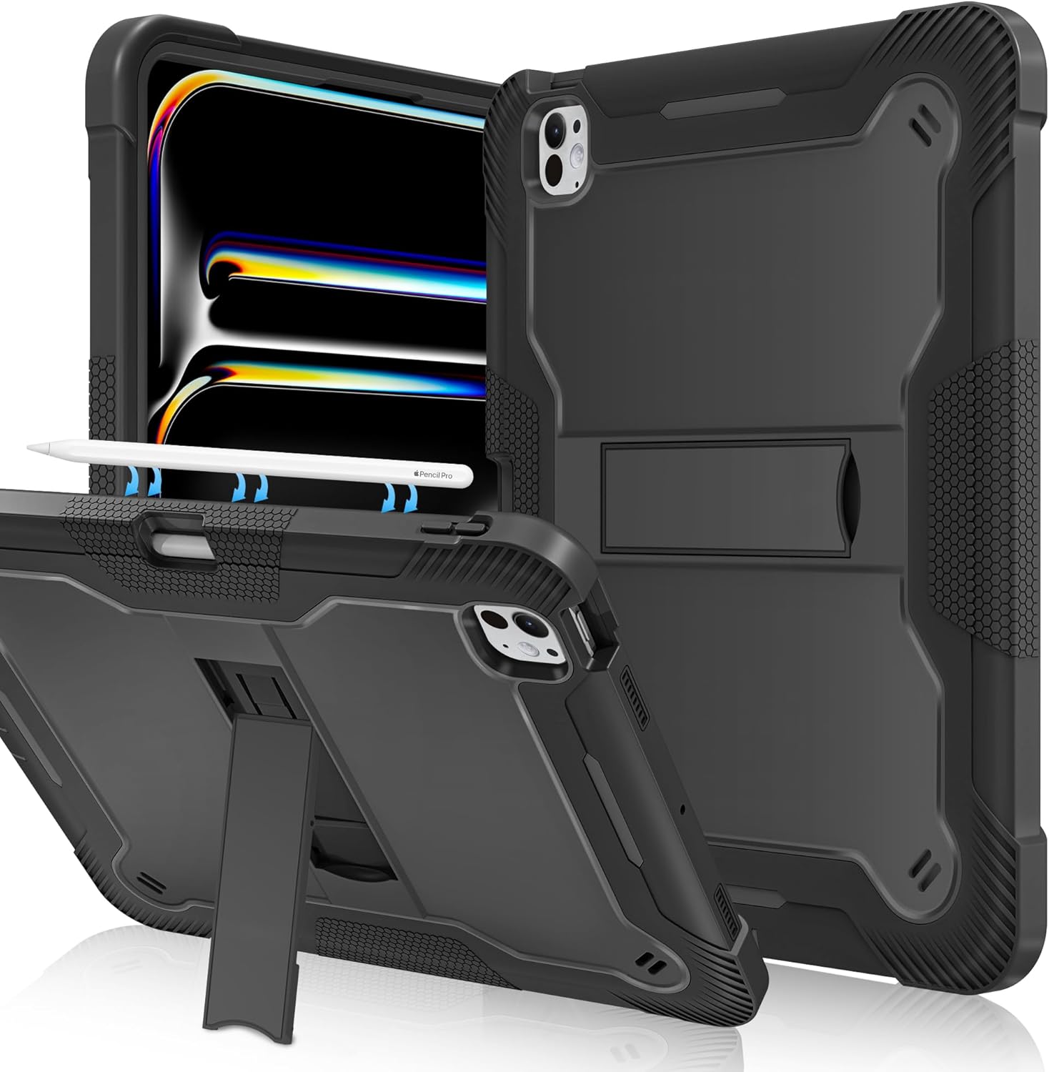 Fingic for iPad Pro 13 inch Case 2024 M4 7th Generation with Pencil Holder Heavy Duty High-Impact Shockproof Soft Silicone Rugged Hard PC Bumper Kickstand Protective Case for iPad Pro 13" 2024,Black