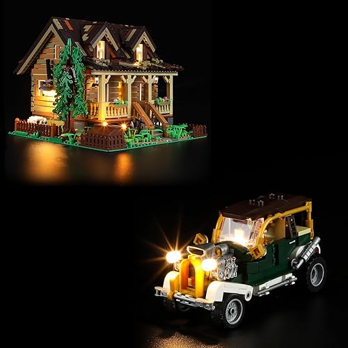 FUNWHOLE Juego de ladrillos de construcción de iluminación cabina de madera y coche vintage