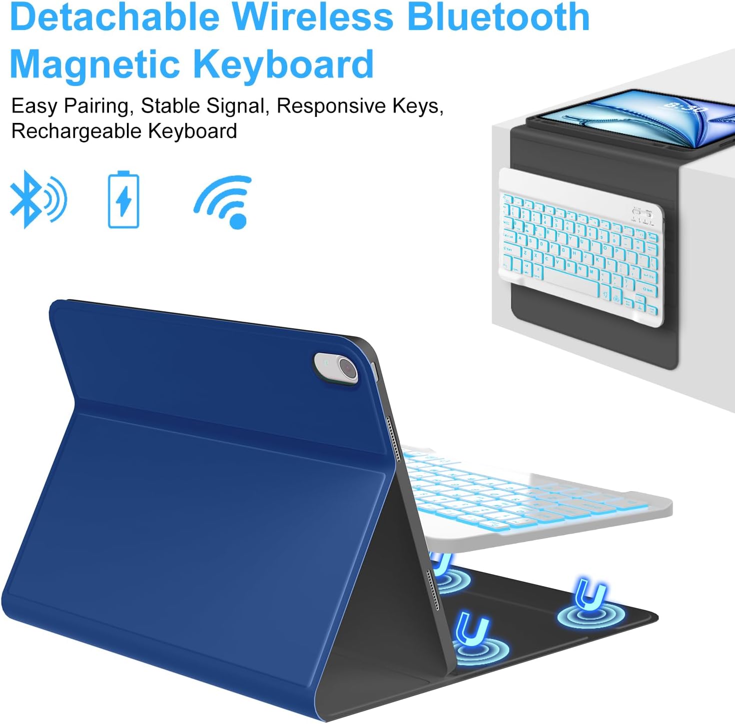 Keyboard Case for iPad Air 11-inch (M3 2025 / M2 2024) 7 Color Backlit Wireless Detachable Keyboard with Pencil Holder for iPad Air 11 2024, Navy Blue
