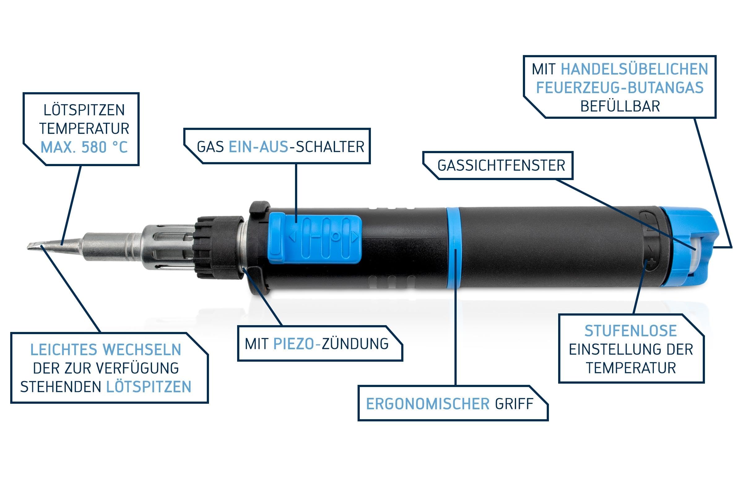 ERSA Independent 130 PROFI-Set Gaslötkolben 130W Temperatur bis 580 °C inkl. 4 Lötspitzen 2 Düsen 1300 °C Glühmesser Transportbox Ablagebügel - mobile Lötkolben Power