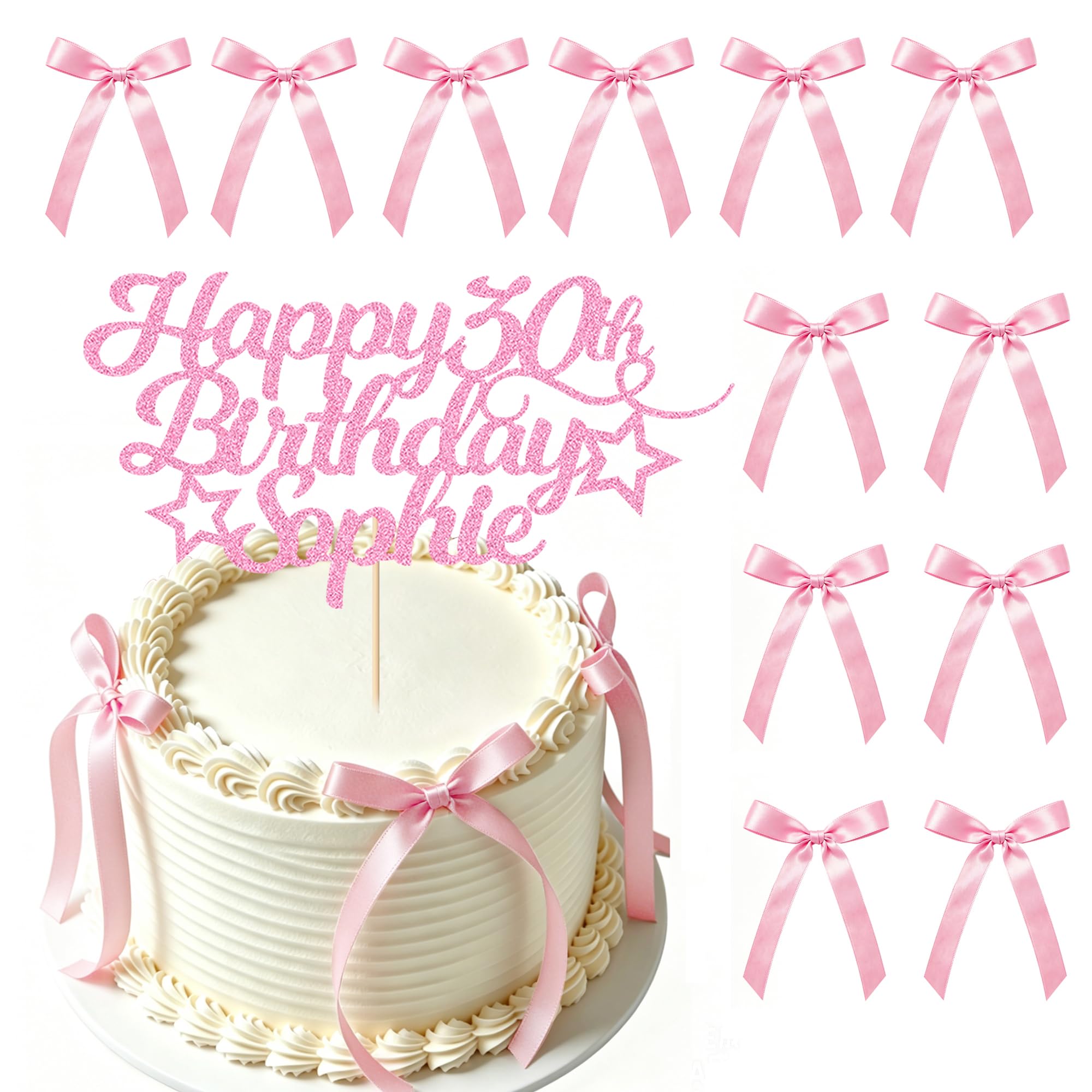 EDSG 30 Pack Bows Cake Toppers Birthday Personalised, 11 Colours Double-Sided Glitter Cake Decorations with Any Age Name, Birthday Party Supplies for Boys and Girls Women Man (with 30 Pcs Pink Bow)