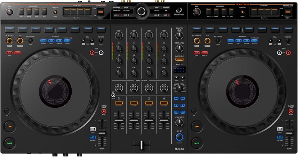 Controlador de DJ Pioneer DJ AlphaTheta DDJ-GRV6 com desempenho de 4 canais