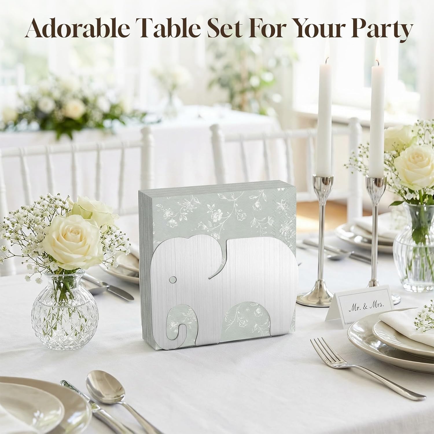 Cocktail Napkin Standing Holder, Dispenser for 5in*5in Party Napkins, Silver Metal Servilletero for Table, Elephant Decor & Accessories for Kitchen, Dining Room, For Party, Wedding & Festivals