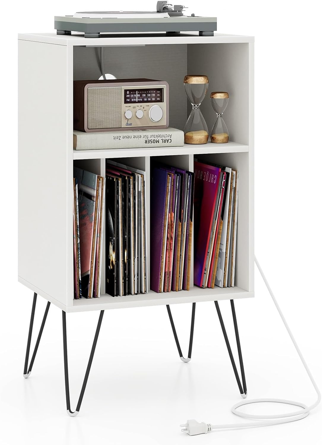 Giantex Record Player Stand with Charging Station, Turntable Stand with Record Storage & Metal Legs, Vinyl Record Storage Cabinet Holds Up to 150 Albums for Living Room, Bedroom (White)