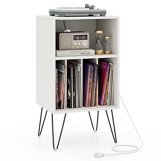 GIANTEX Support Tourne-Disque Vinyle à 3 Niveaux, Table d’Appoint avec Station de Charge, USB Type C, 2 Prises, Meuble Tourne-Disque avec Pieds en Métal, 48 x 40 x 88 CM (Blanc) - Les Beatles, Paul McCartney, John Lennon, RIngo Starr, George Harrison