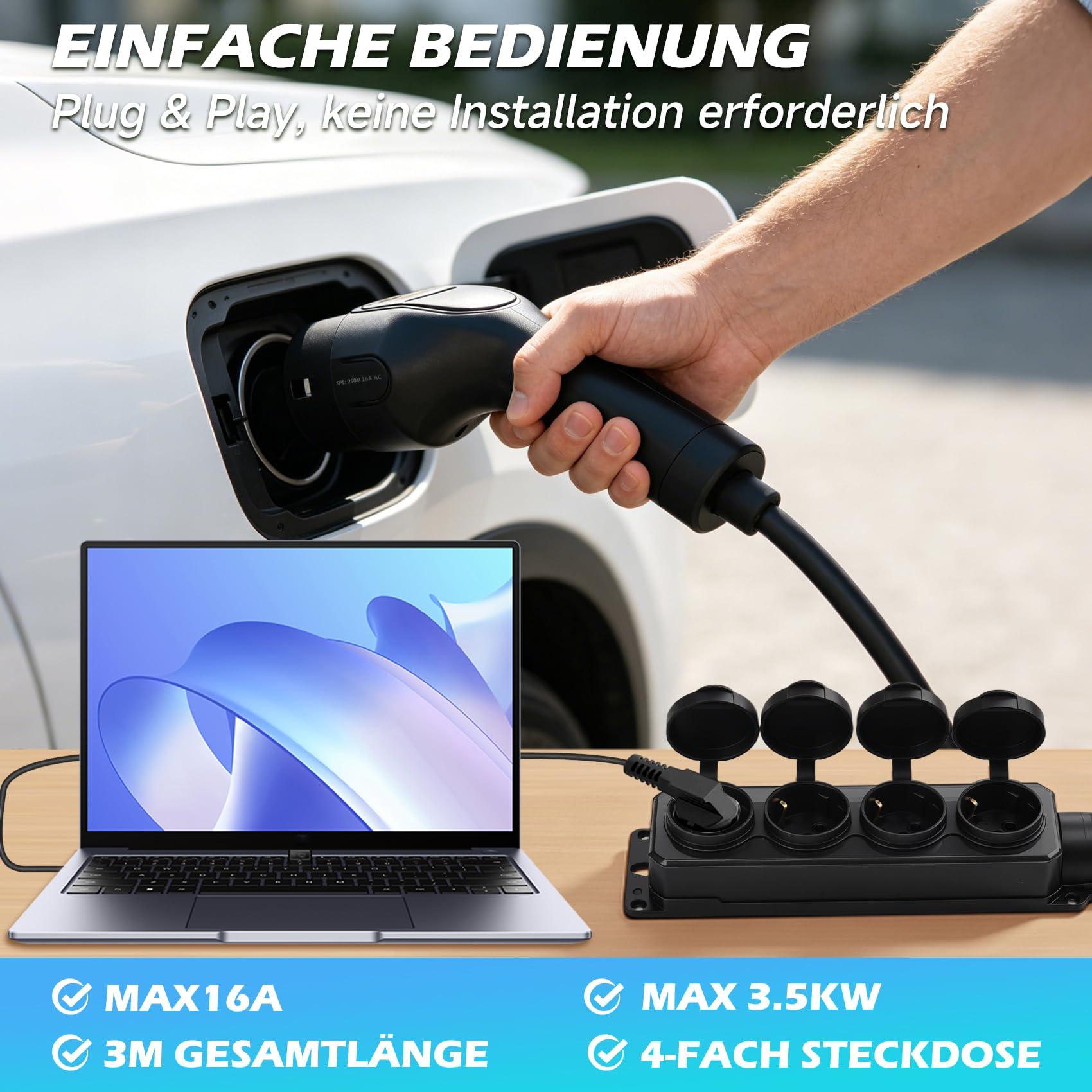 JULIK V2L Adapter Nur für BYD ATTO 3, Seal U, Dolphin, ETP3 & Denza D9-3 Meter Gesamtlänge mit 4-Fach Steckdose, 3.5kW 16A Vehicle-to-Load Entladepistole für EV & PHEV, Camping & Notstromversorgung