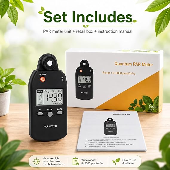 Quantum PAR Meter for LED Grow Light Full Spectrum PPFD Meter High Precision Quantum Sensor, Light Meter for Plants, Greenhouse and Farming Lux Meter Tester 400-700nm