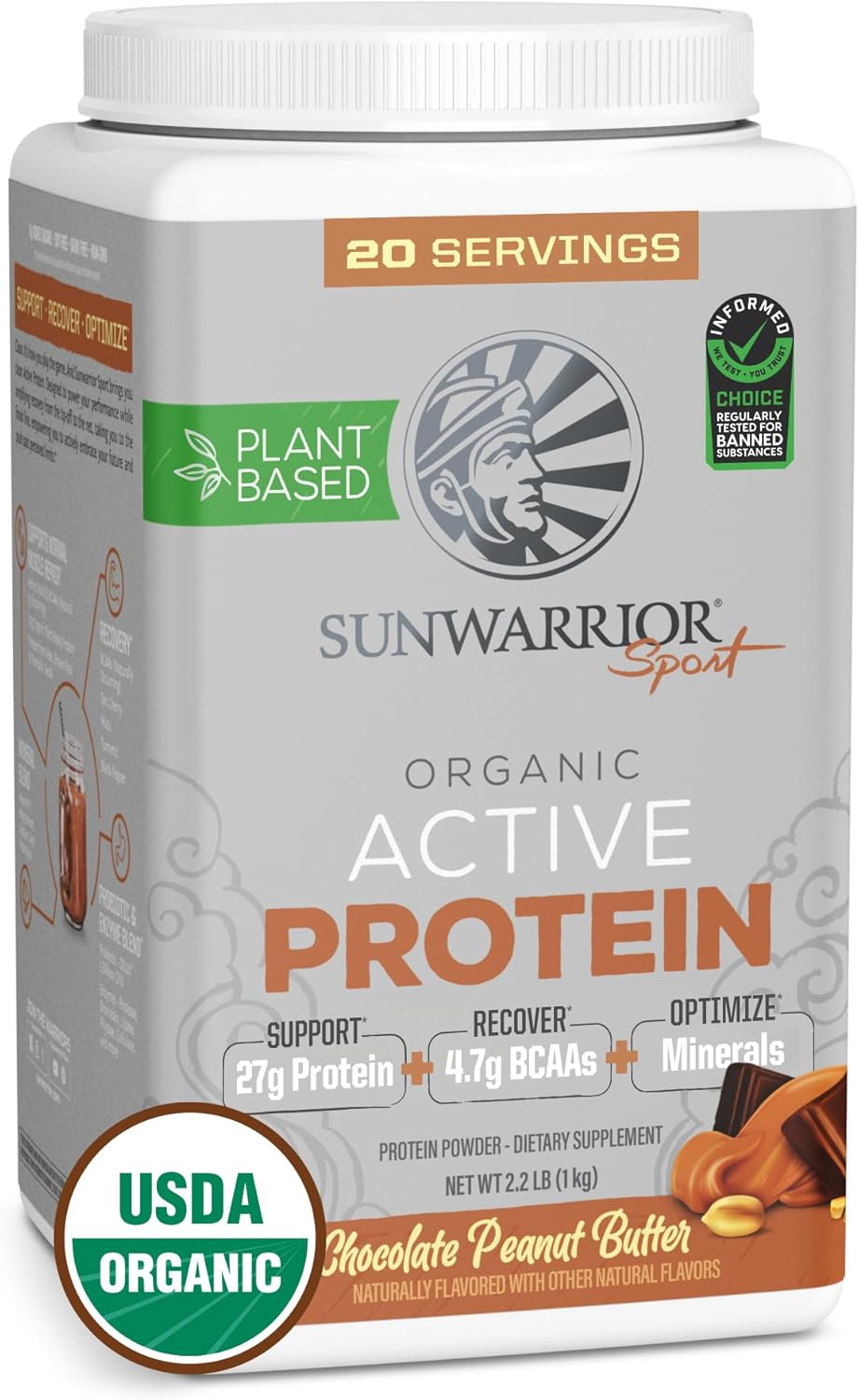 Vegan Protein Powder Plant-Based USDA Organic BCAAs | 27g Protein per Serving | Sugar Free, Gluten Free Non-GMO Dairy Free | Peanut Butter Chocolate Flavored, 20 Servings | Active Sport Protein Powder