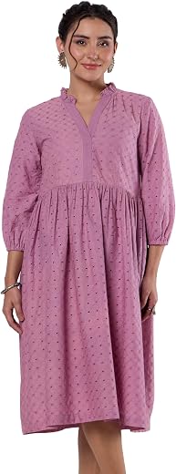 Amazon Brand - Myx Women's Schiffli Embroidery Ethnic Dress | Fit and Flare | Knee Length (Available in Plus Sizes)