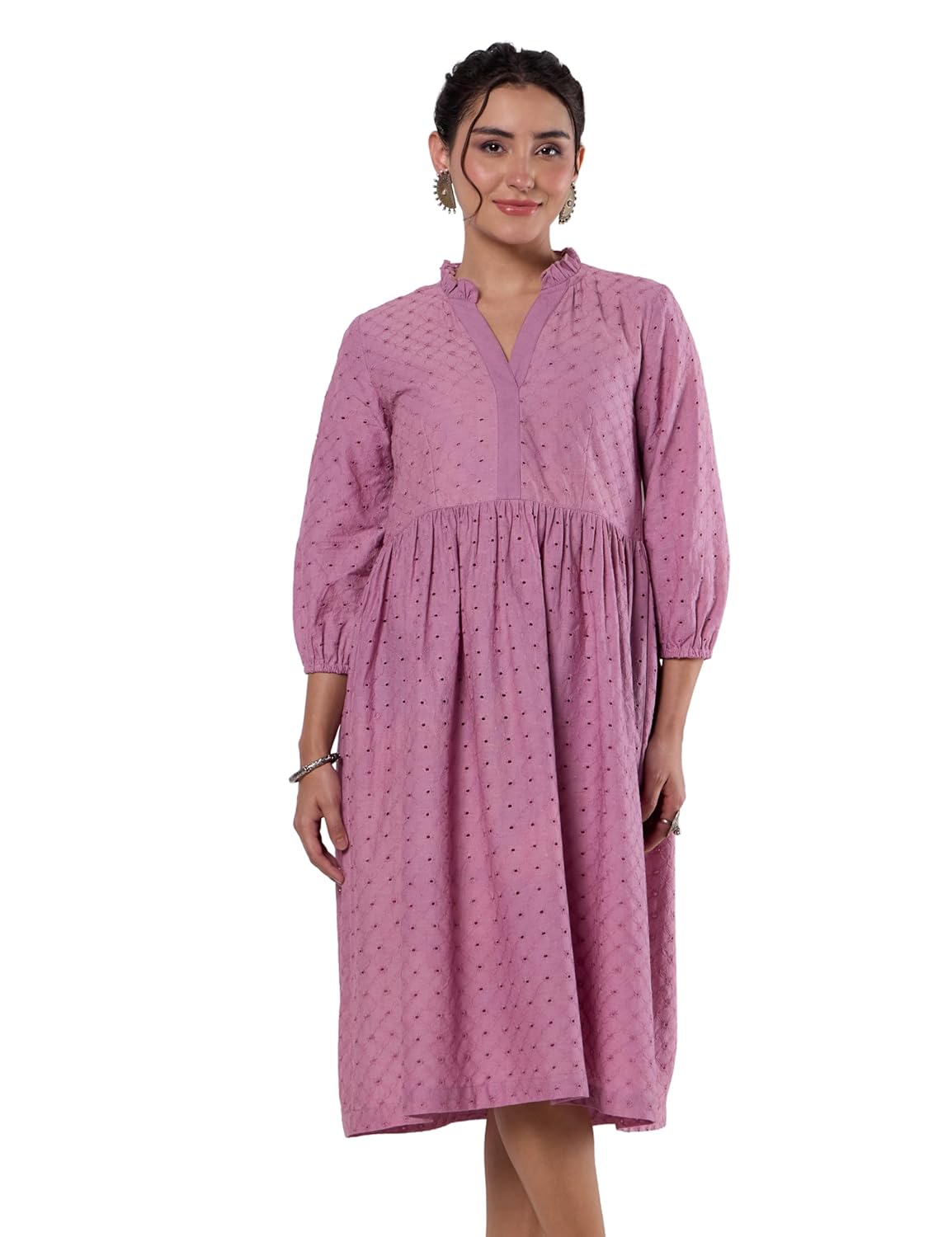 Amazon Brand – Myx Women’s Schiffli Embroidery Ethnic Dress | Fit and Flare | Knee Length (Available in Plus Sizes)