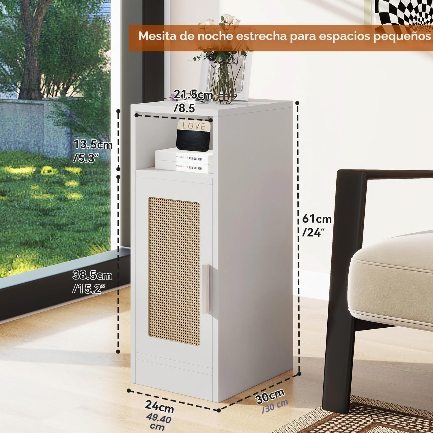 IBUYKE Mesitas de Noche Estrechas Pack 2,de Ratán,Blanco WNS012W-2 | con Compartimentos Abiertos y Armario,Puerta magnética,para Espacios Pequeños, Mesa Auxiliar para Dormitorio,Salón