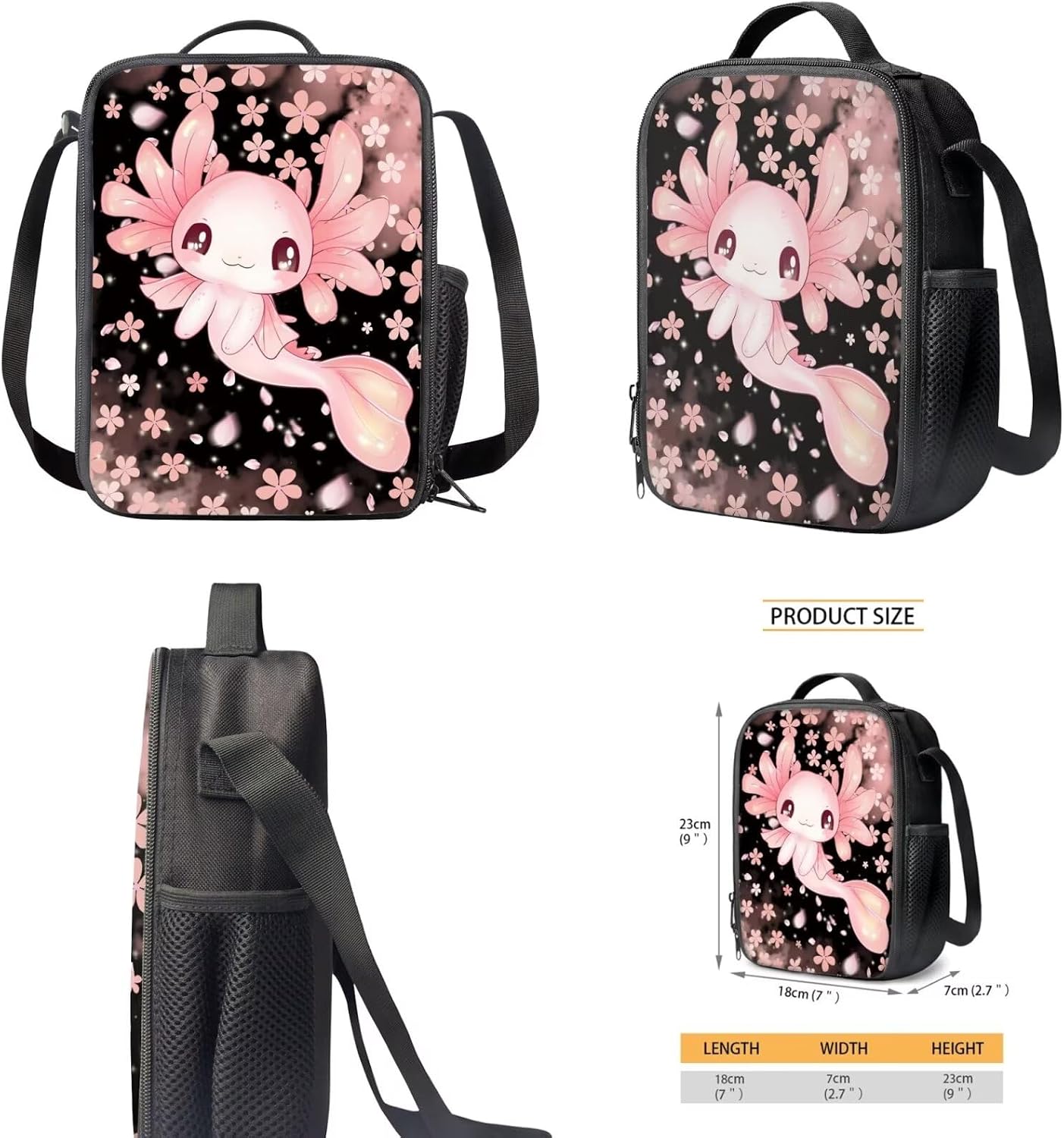 Axolotl Cherry Blossoms 4-in-1 School Backpack Set for Kids - Medium (11" L x 17.3" H x 5.1" W), Unisex, Water Resistant, 20L, 4 Count