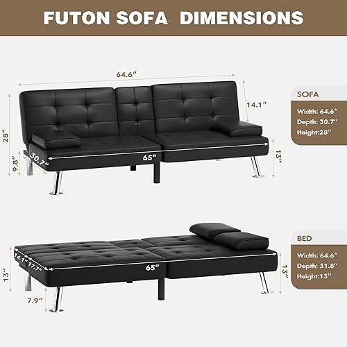 Miniatura 3 de Homall Sofá Cama Futón, Sofá Futón de Cuero con Reposabrazos Removibles, Sofá Cama Reclinable para Dormir Ajustable con Portavasos Dobles para Sala