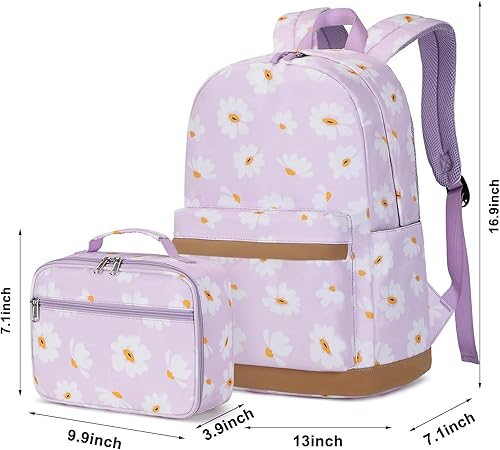 Miniatura 7 de Joyfulife Mochila para niñas con lonchera para niños, mochila para la escuela, ligera, resistente al agua, púrpura, (Daisy purple), Mochila con