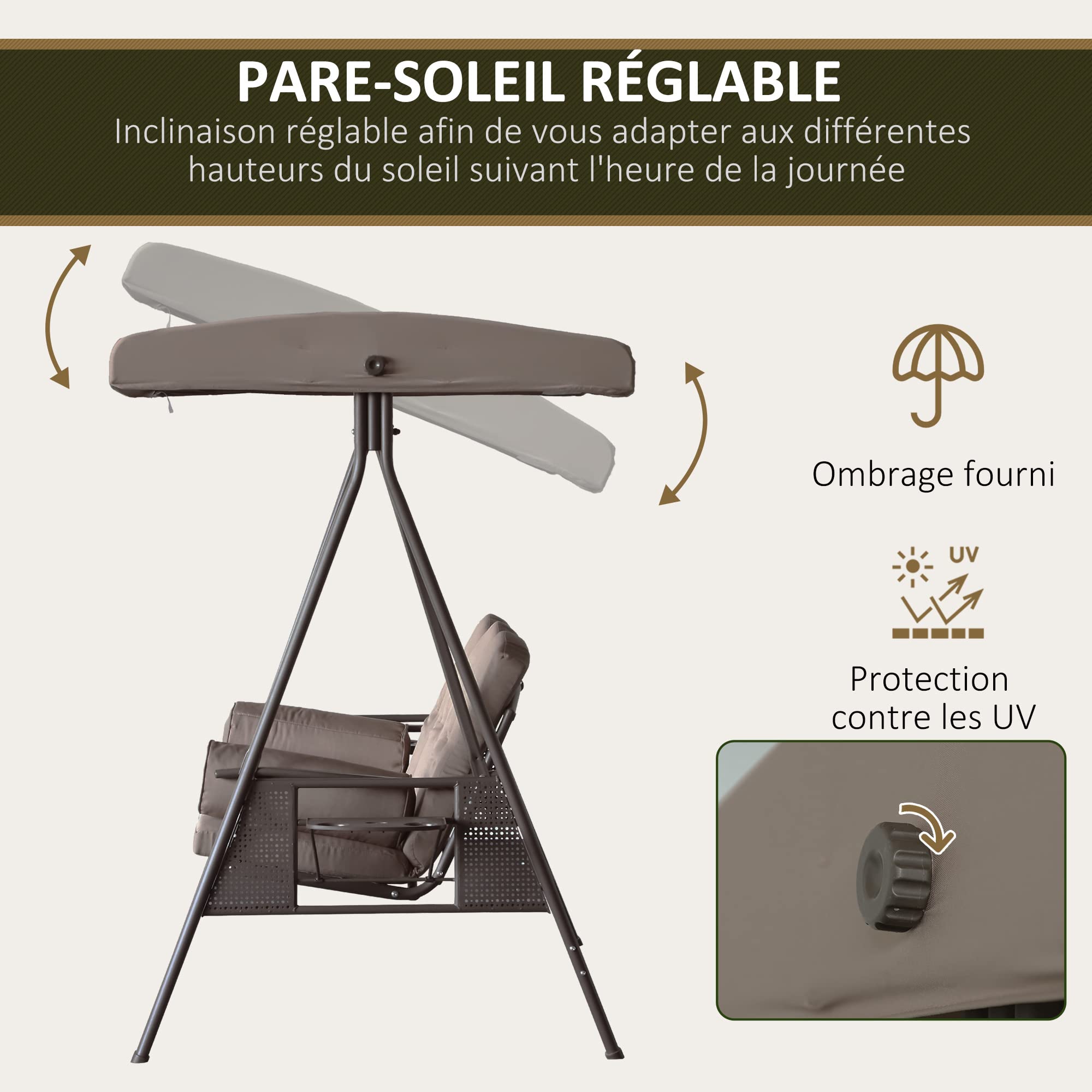 Outsunny Balancelle de Jardin 3 Places Toit Inclinaison réglable Coussins Plateaux rétractables Polyester Marron