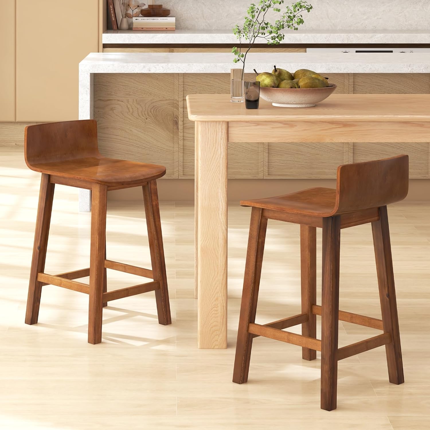 COSTWAY Solid Wood Bar Stools Set of 2, 24.5-inch Counter Height Chairs with Low Back and Footrest, Farmhouse Wooden Armless barstools for Kitchen Island, Dining Room, Cafe, Breakfast, Brown