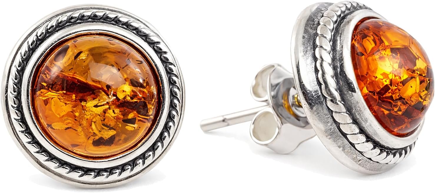 Genuine Baltic Honey Amber Stud Earrings for Women โ 925 Sterling Silver Round Cabochon Post Earrings, Natural Amber Jewelry with Certificate