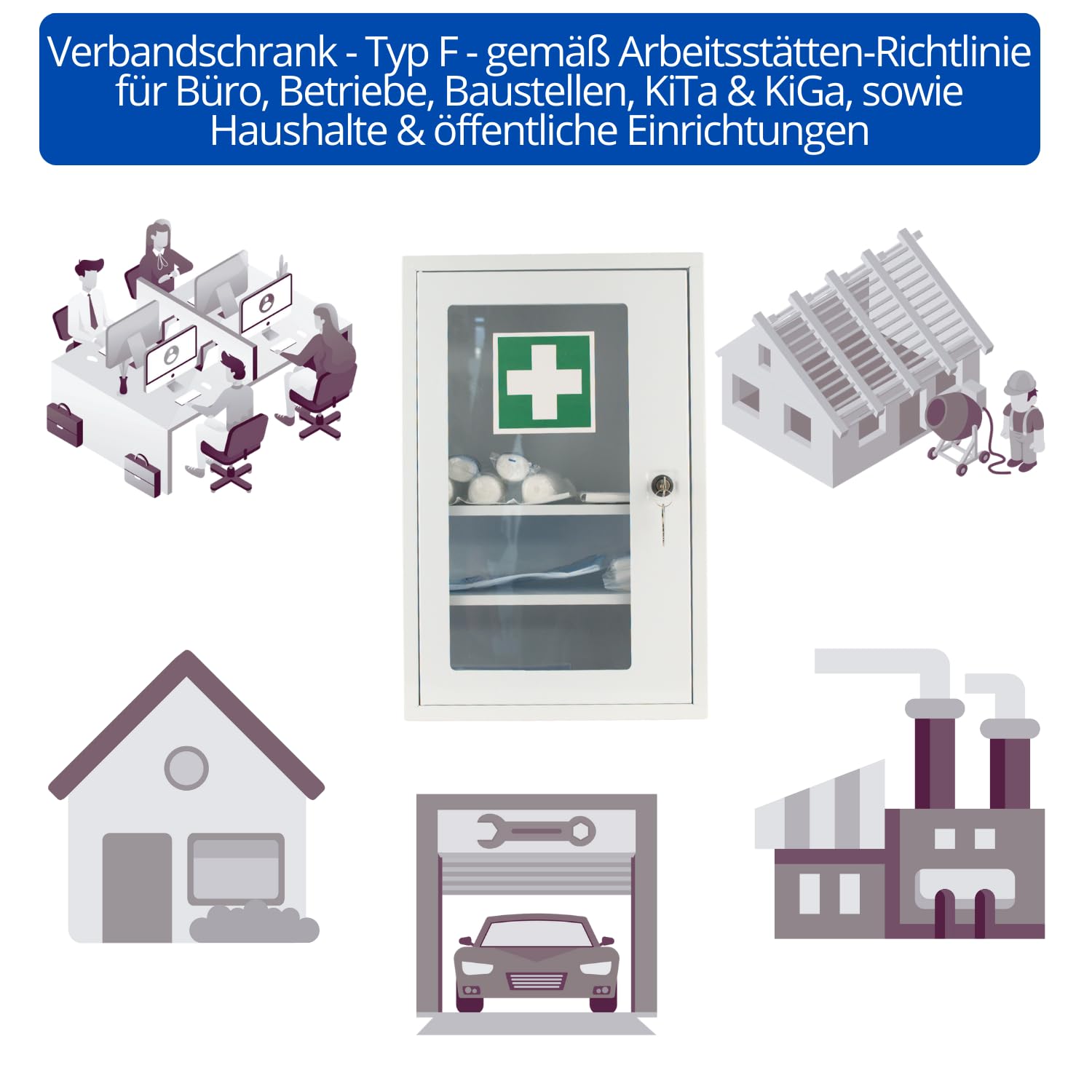 Botiquín de primeros auxilios con ventana y DIN 13157:2021, botiquín con 3 compartimentos, cerradura de seguridad, metal, medidas: 46 x 30 x 14 cm, armario para medicamentos para colgar y espacio para
