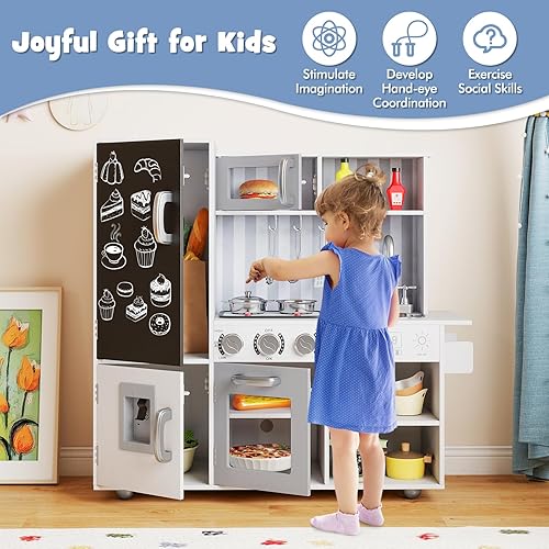 Miniatura 9 de HONEY JOY Juego de cocina para niños, juego de cocina de madera con pizarra y dispensador de agua, estufa iluminada, armario de almacenamiento,