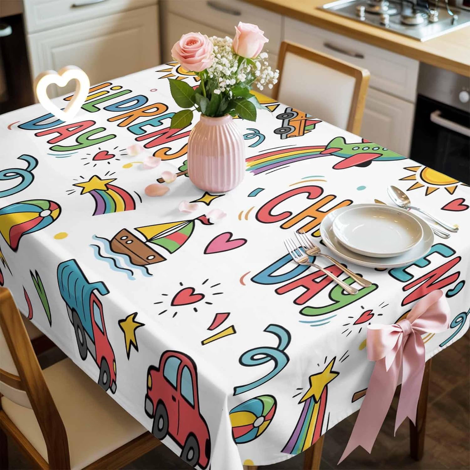 Children's Day Waterproof Table Cloth Cartoon Sun Castle Boat Truck Leather Ball Love Waterproof & Wrinkle Table Cover, Washable Polyester Soft Fabric Table Cloth for Outdoor Indoor Parties
