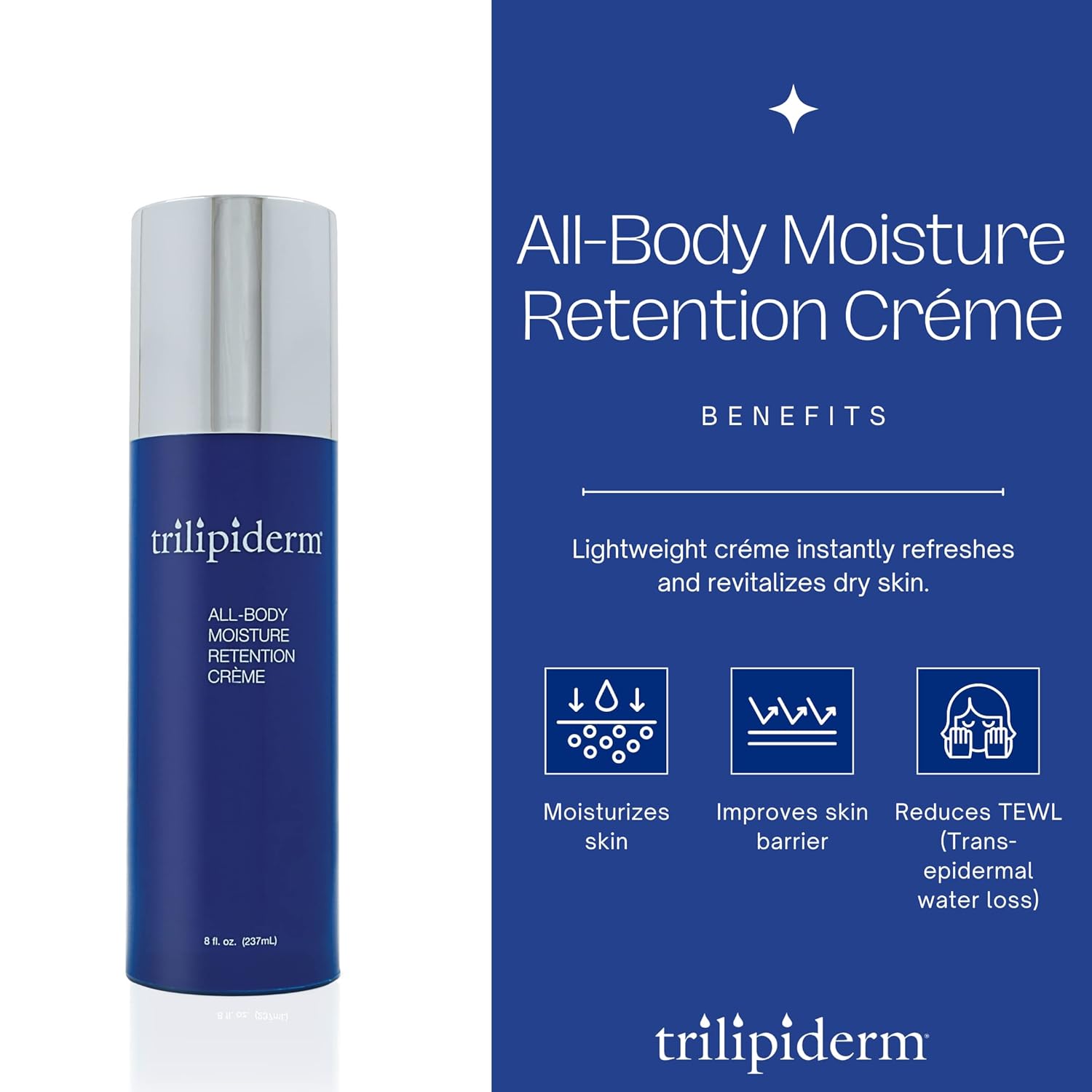 Trilipiderm All-Body Moisture Retention Crème – Plant-Based Body Moisturizer Lotion for Dry Skin, Lightweight Daily Face and Body Cream with Meadowfoam & Vitamin E, Non-Greasy Hydrating Lotion, 8 oz