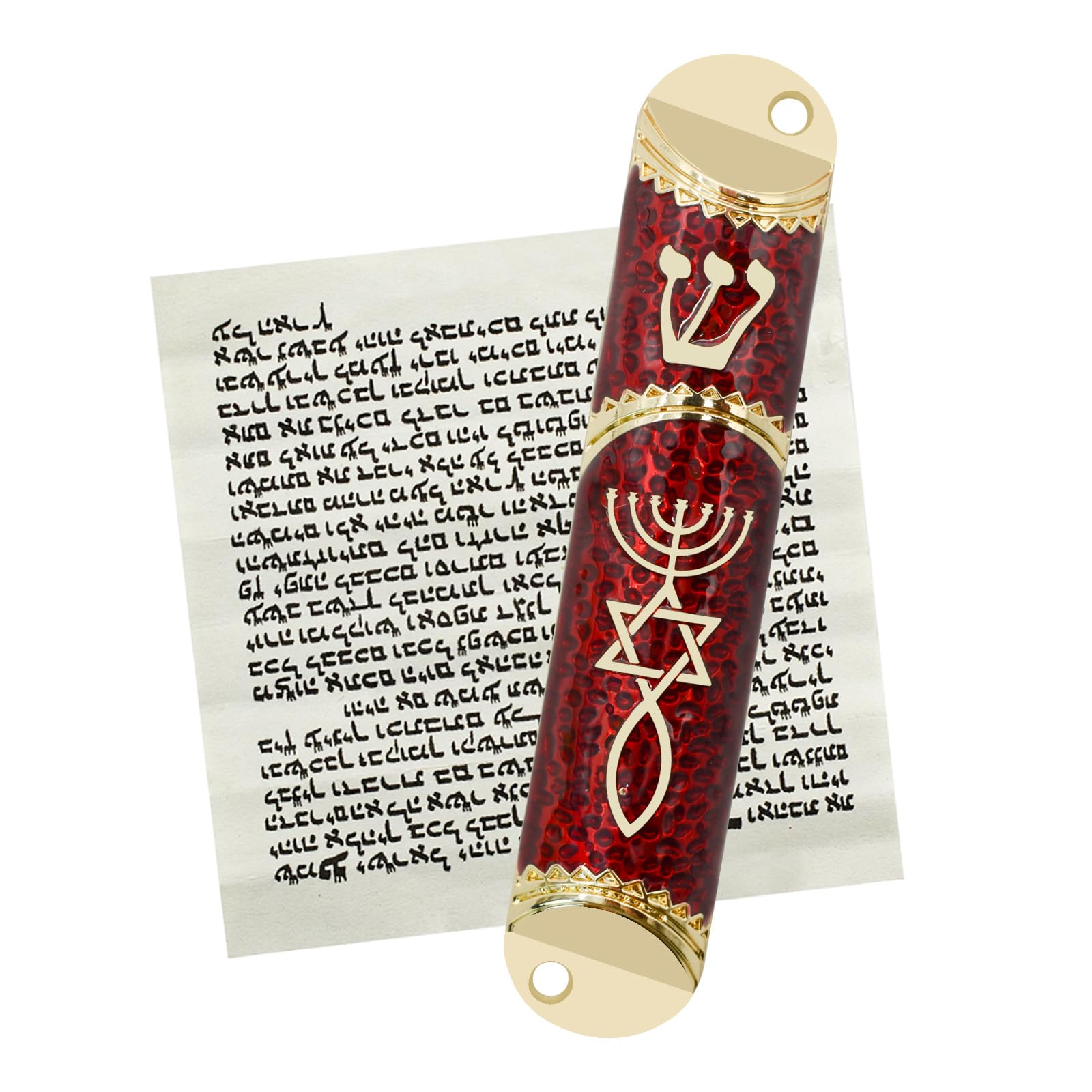 MrMrKura Mezuzah with Scroll for Door, Metal Mezuzah Case with Messianic Seal for Hebrew Home Blessing, Jewish Gifts, Jewish House Warming Decor, Christmas, Easter (Red)