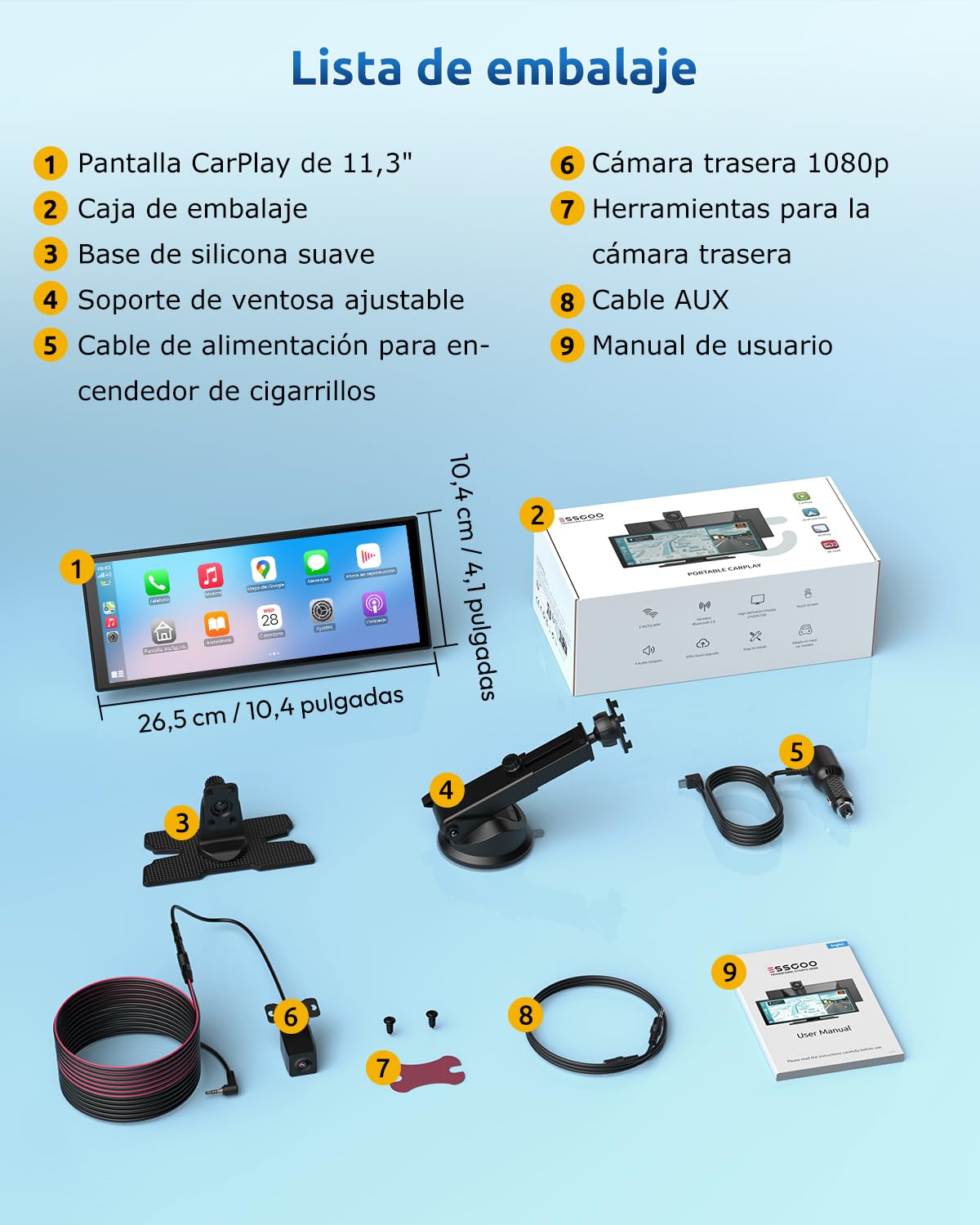 ESSGOO Pantalla Coche 11 Pulgadas con Carplay y Android Auto Inalámbrico con 4K Cámara Frontal Giratoria de 360°,Trasera 1080P,IPS Táctil,Bluetooth 5.3,Mirror Link,Control por Voz