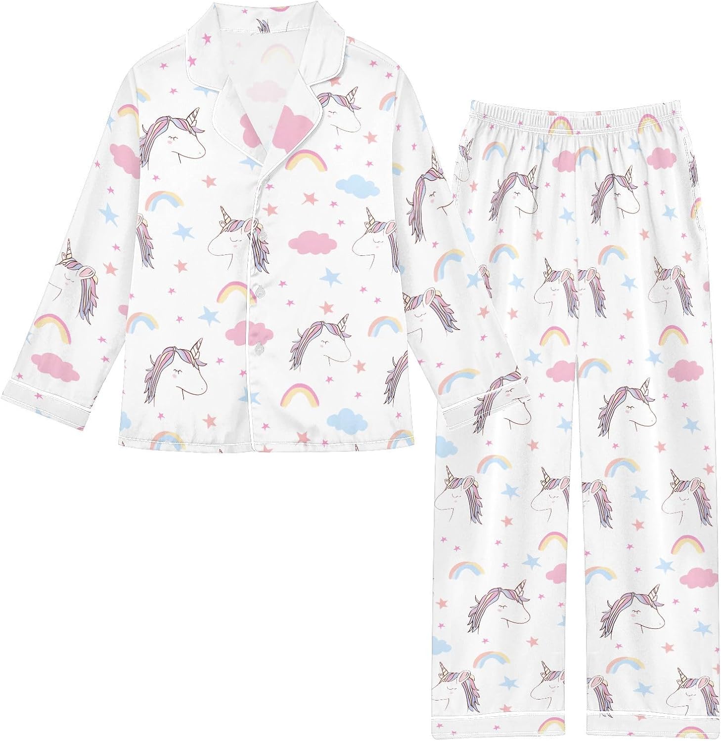 Unicorn Clouds Stars Q Satin Pajama Sets Long Sleeves Nightwear Button Down Sleepwear