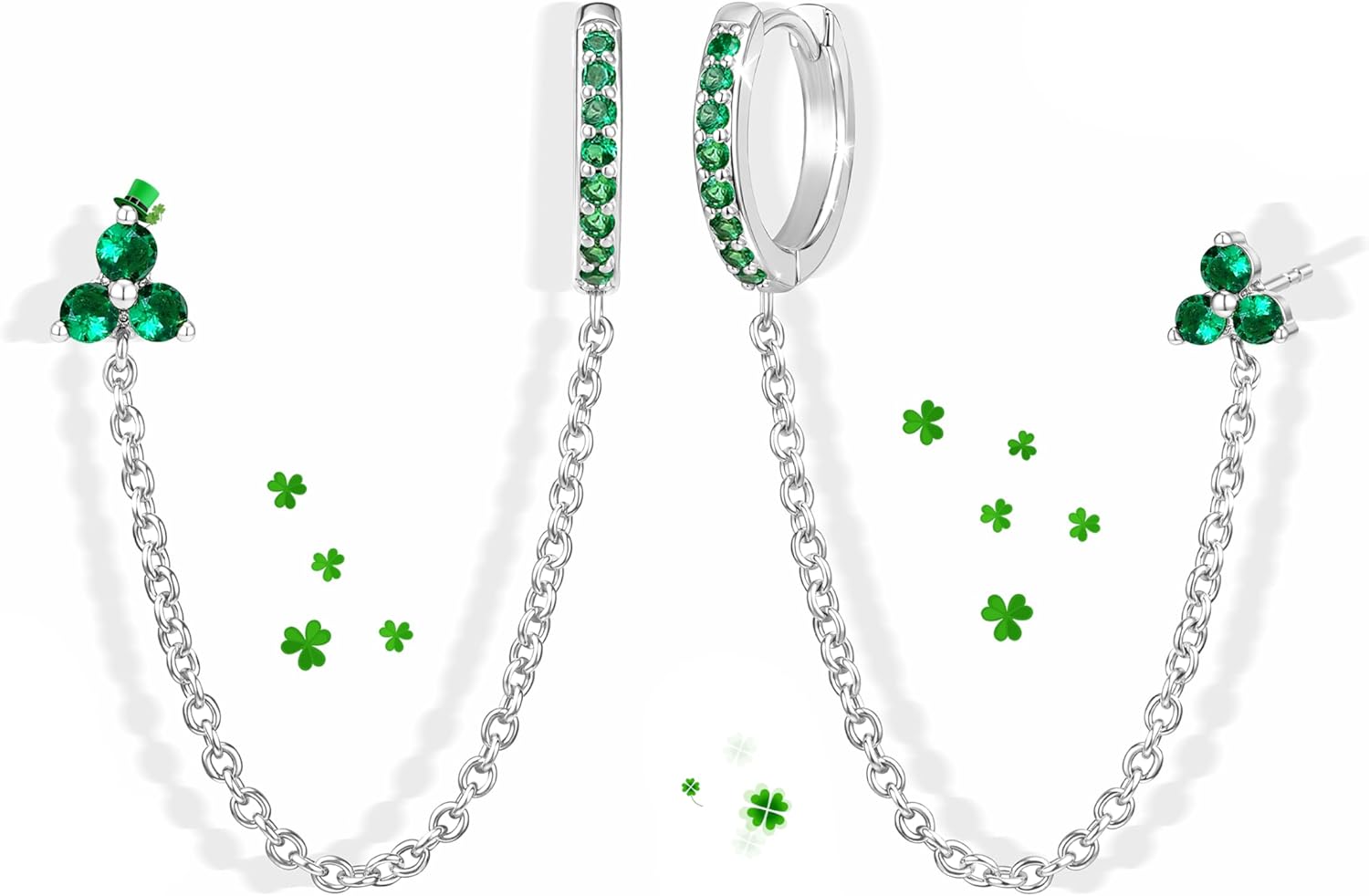 Gold Chain Earrings for Women, Hypoallergenic Huggie Hoop Stud for Catilage Conch Double Piercing, St. Patrick's Day Sterling Silver Chain Earring Jewelry