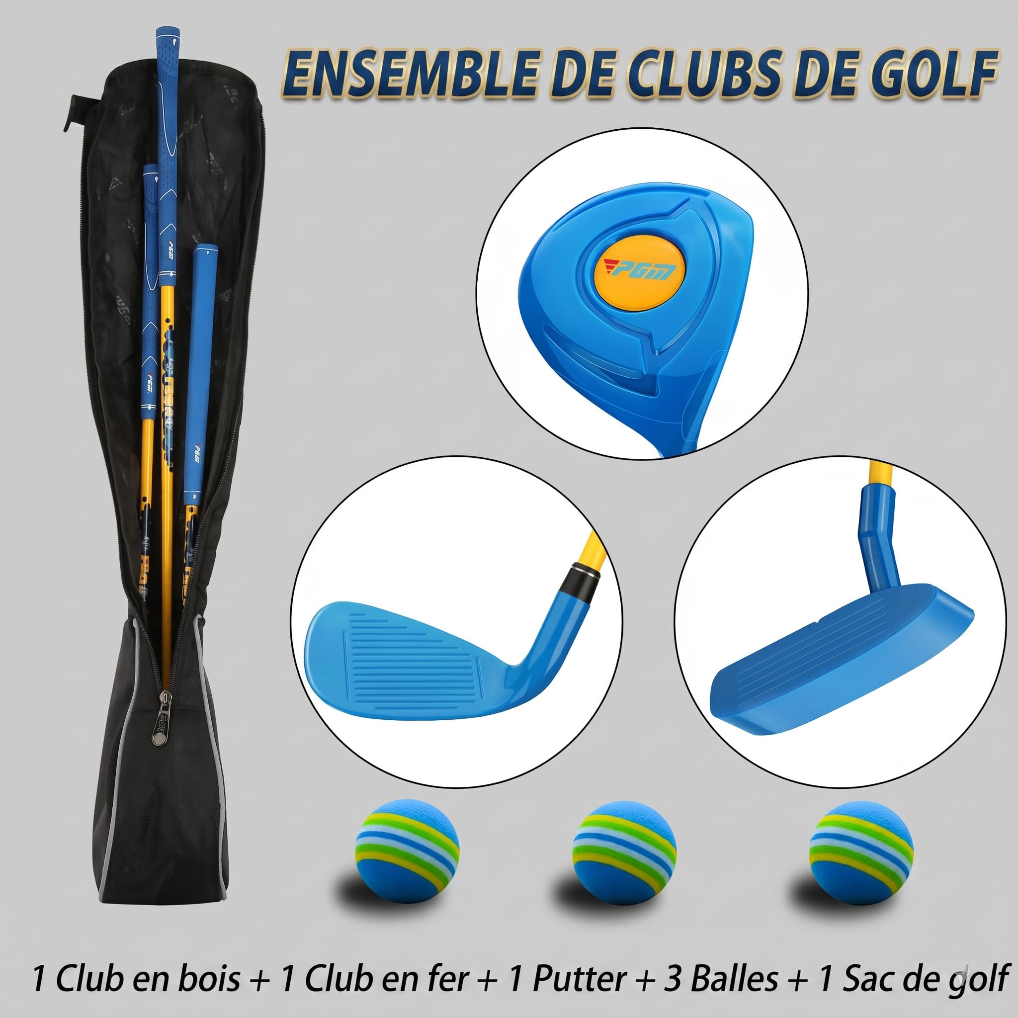 PGM Lot de 3 clubs de golf pour enfants – Peut frapper des balles – Clubs bois, fer et putter – Idéal pour les débutants garçons et filles – Ensemble d'entraînement