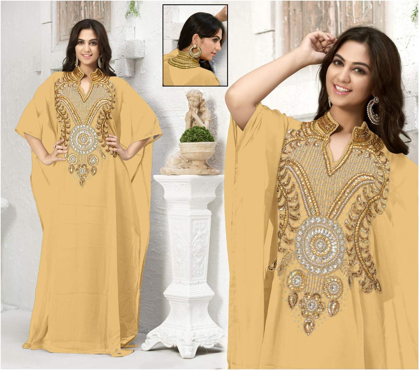 KoC Women's Kaftan Maxi Dress Farasha Caftan KFTN116-White Beige image 2 of 5 B07ML54BCJ