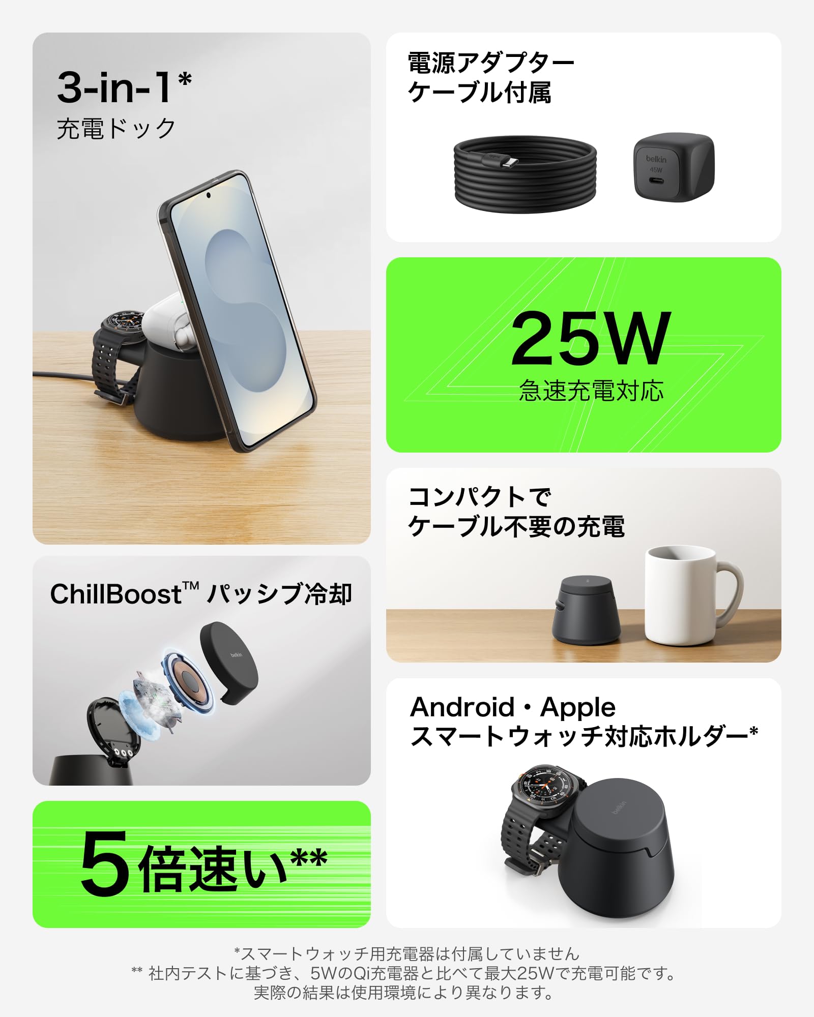 【Amazon.co.jp限定】Belkin Qi2認証 25W 3in1 ワイヤレス充電スタンド Samsung Galaxy S26 / Google pixel 10 対応 スマホ・イヤホン同時充電 スマートウォッチホルダー USB-C 10W（ウォッチ充電器別売／BYOP）ブラック WIZ052dqBK-A - 3